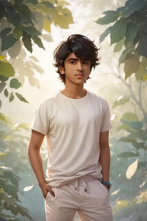 Young Man in White Shirt Posing Casually in a Forest Setting