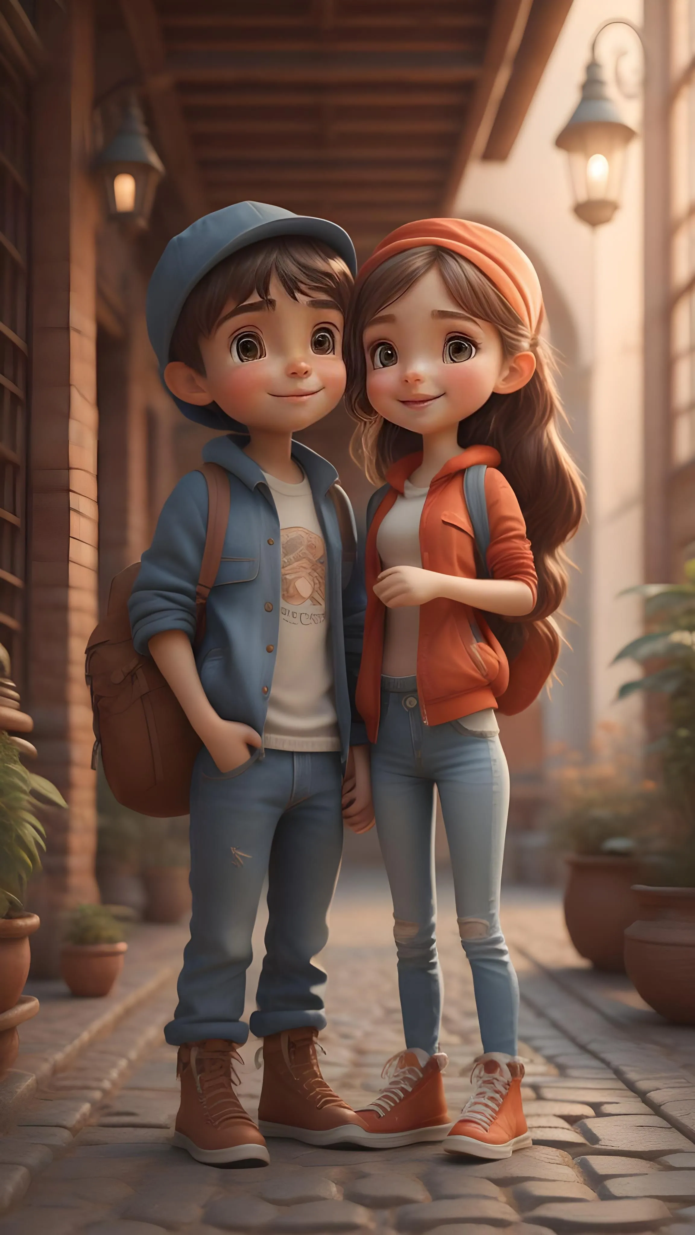 Adorable Cartoon Couple in a Cozy Alley HD Wallpaper