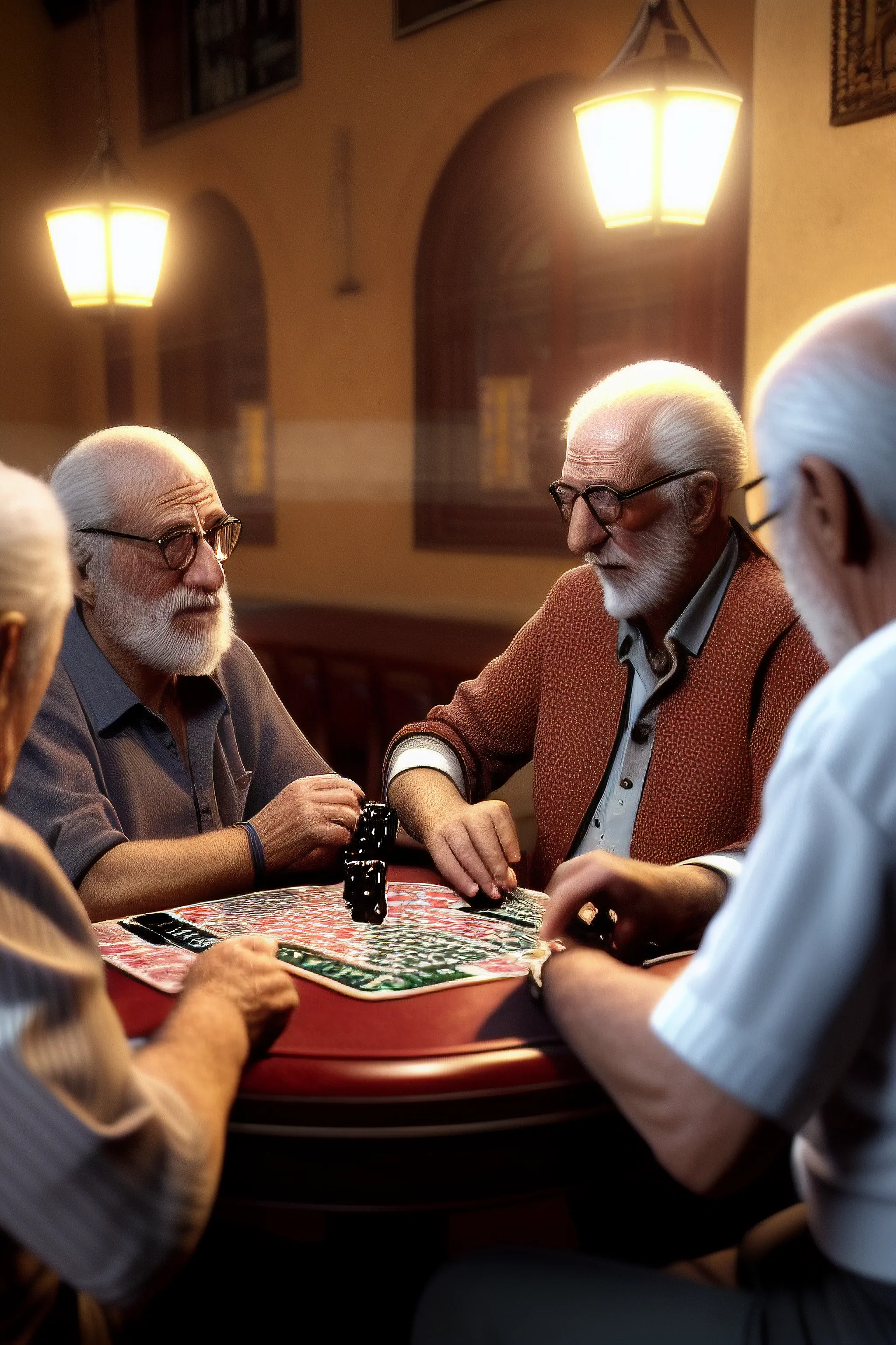 Elderly friends playing board game in cafe scene Wallpaper