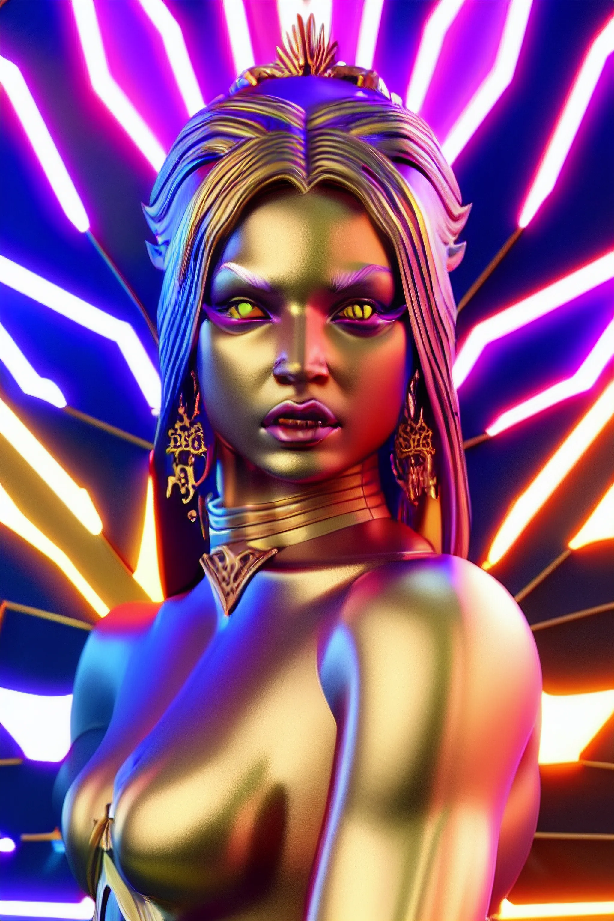 Futuristic Golden Goddess Cyberpunk Queen with Neon Aura