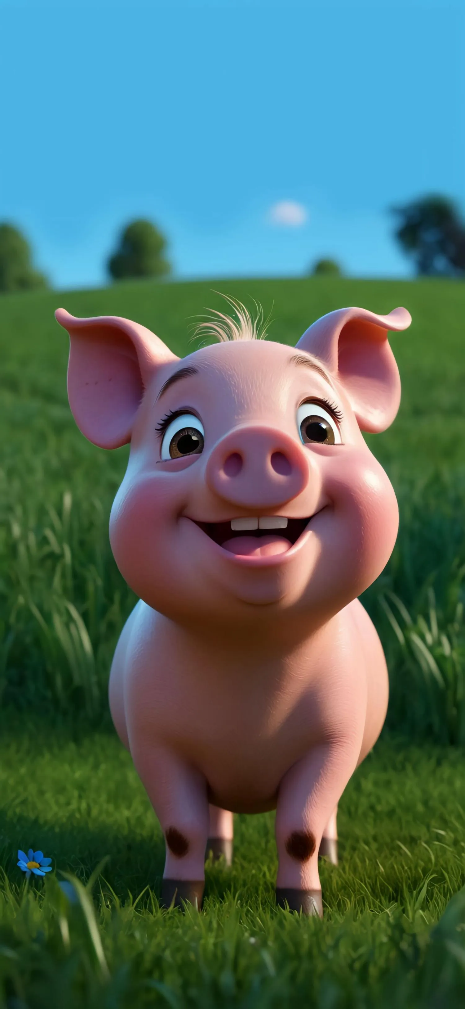 3D Animated Smiling Pig in Bright Green Outdoor Scene