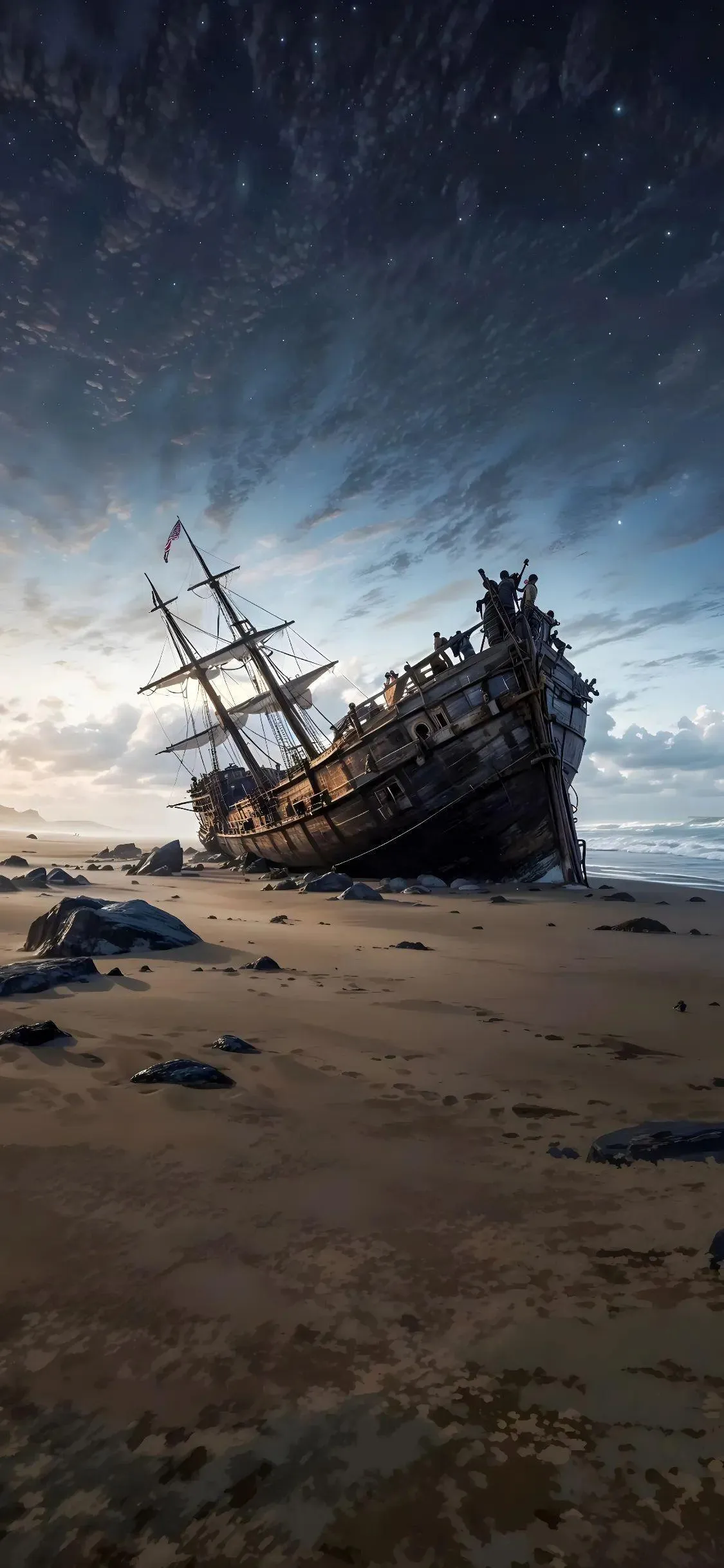 Abandoned Shipwreck on Shore Beneath a Starry Twilight Sky