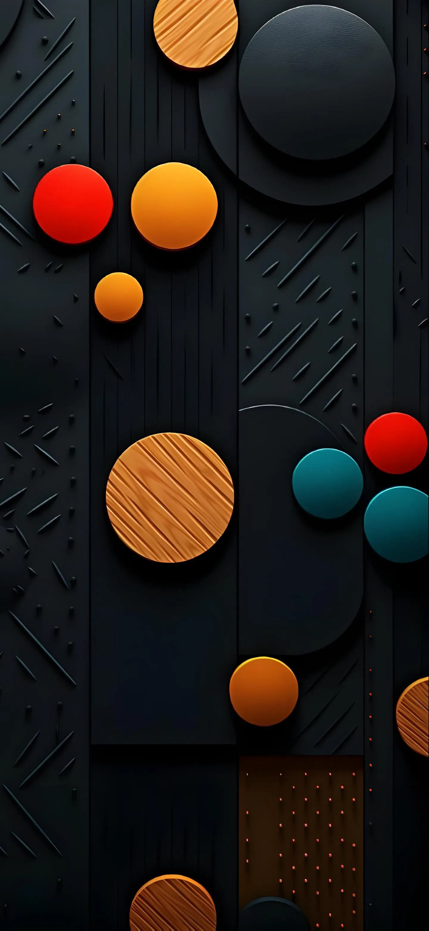 Abstract Circles and Shapes on Black Background Bold Art