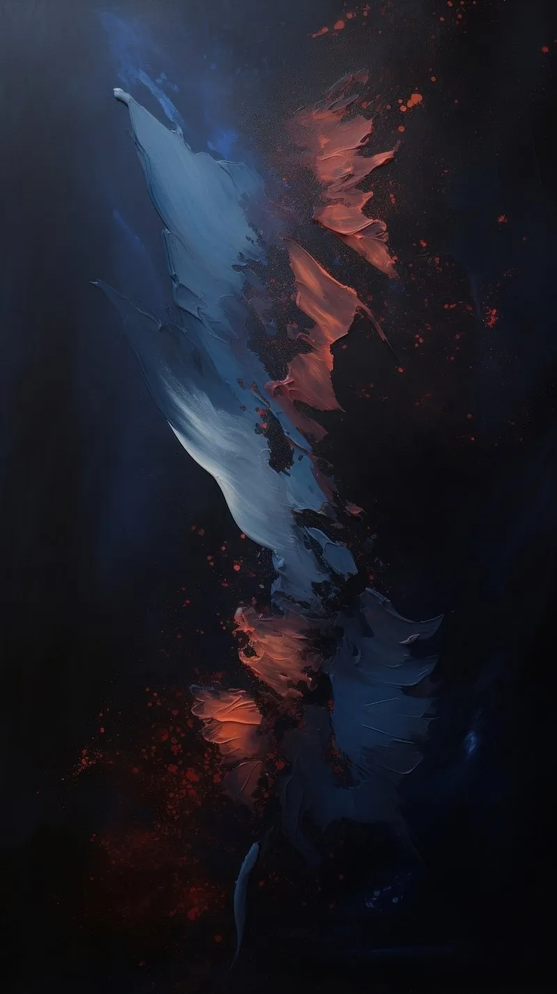 Abstract Flow of Blue and Ember Rising Through Darkness