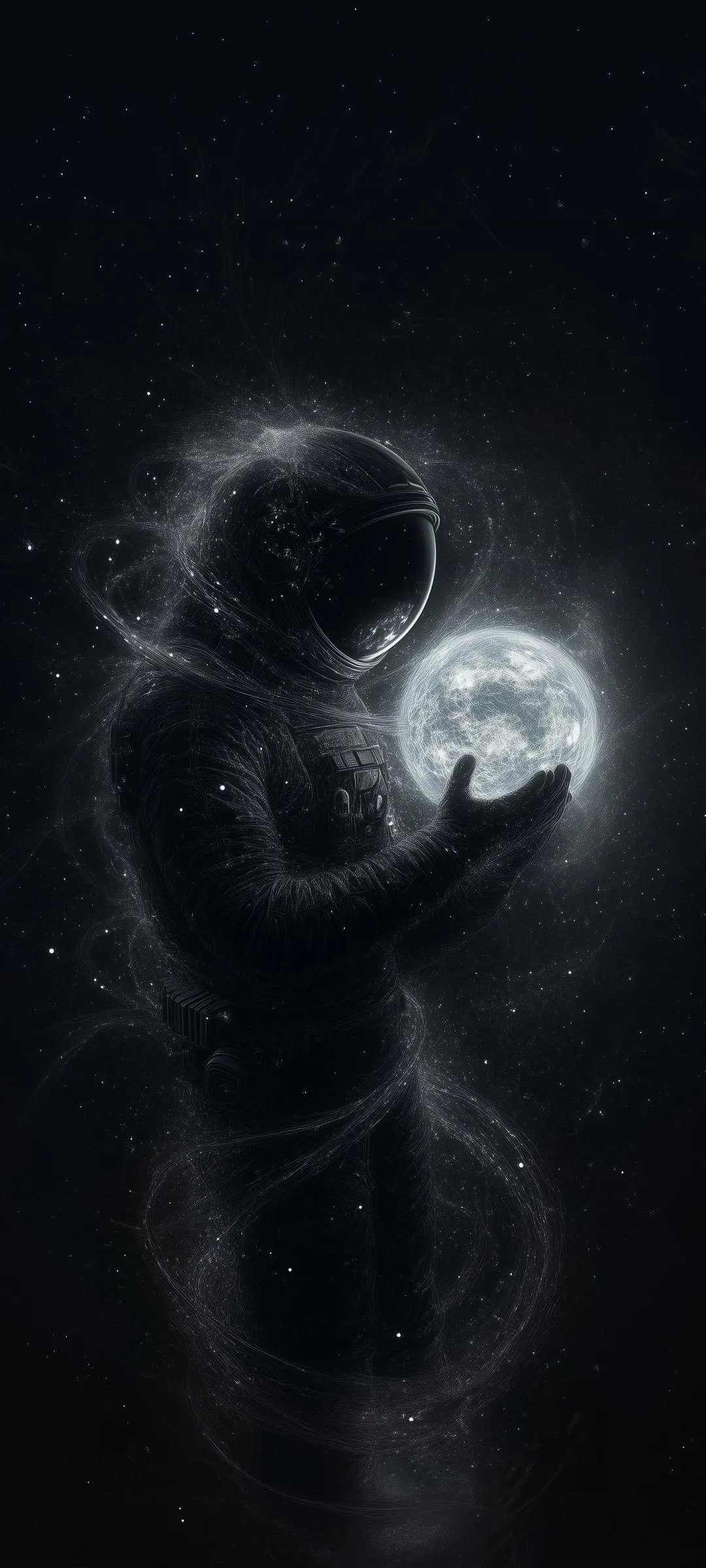 Abstract Light Figure Holding Glowing Sphere in Space