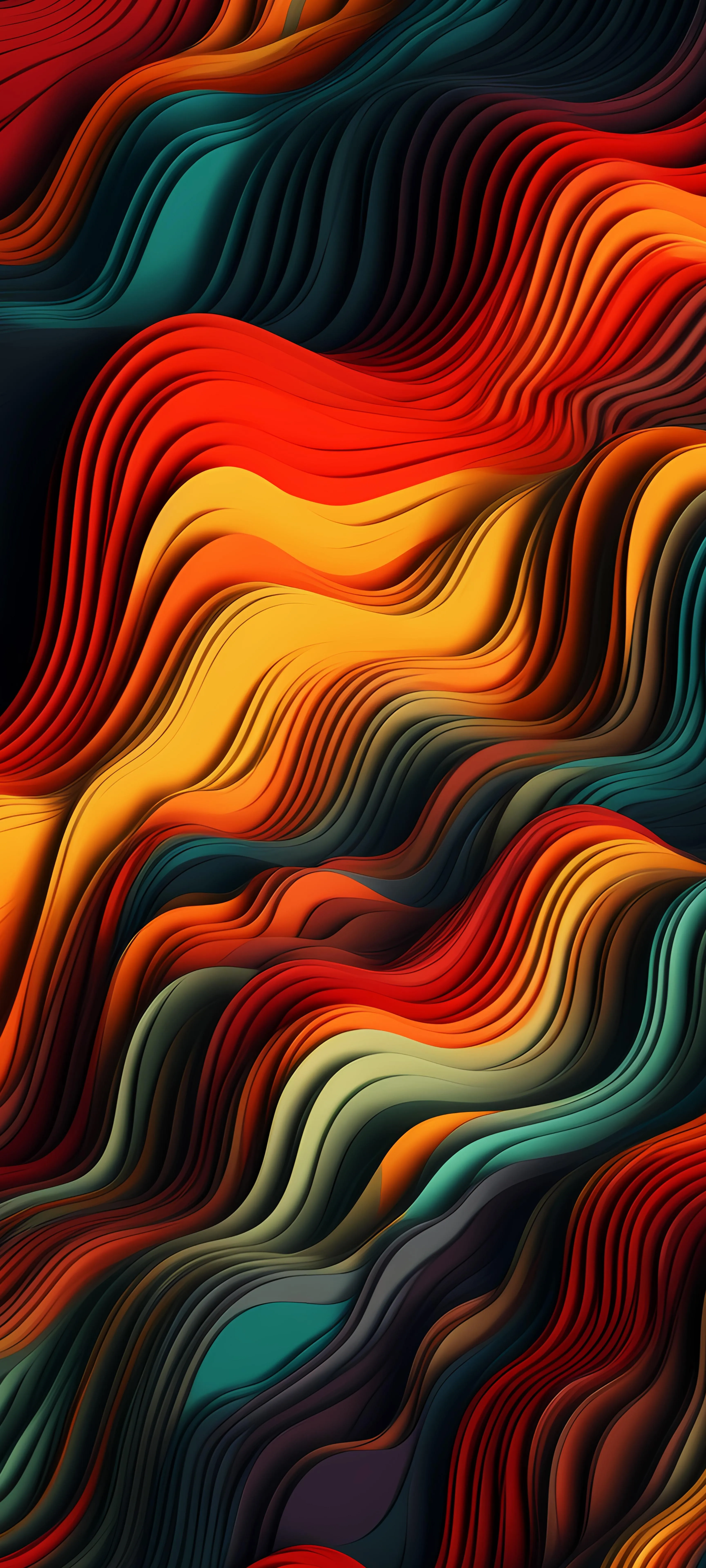 Abstract Waves in Red Blue and Yellow Swirling Colors