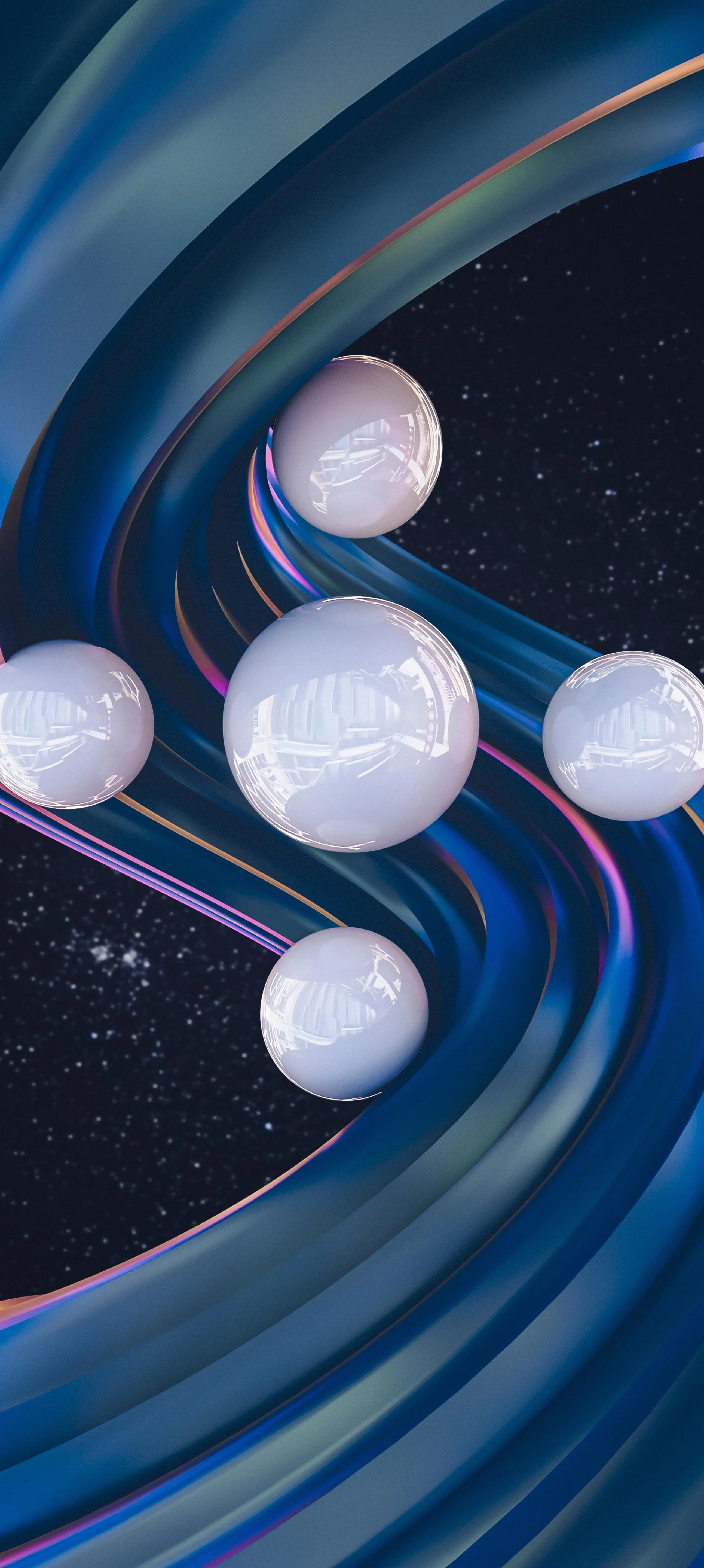 Abstract White Orbs Flowing Through Blue Swirling Patterns