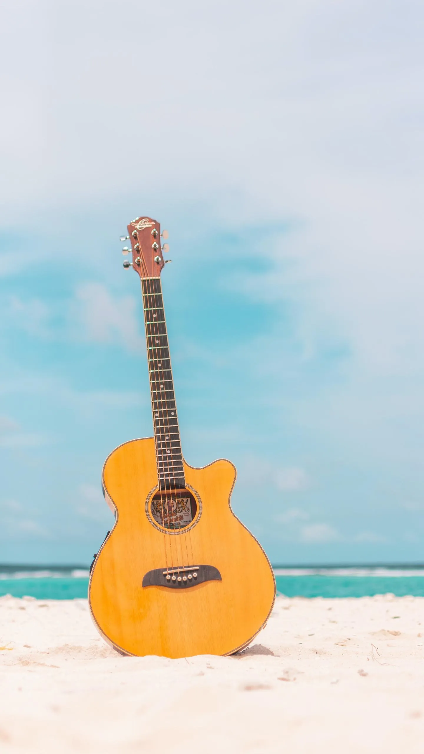 Acoustic Guitar on Beach Artistic Phone Background Wallpaper