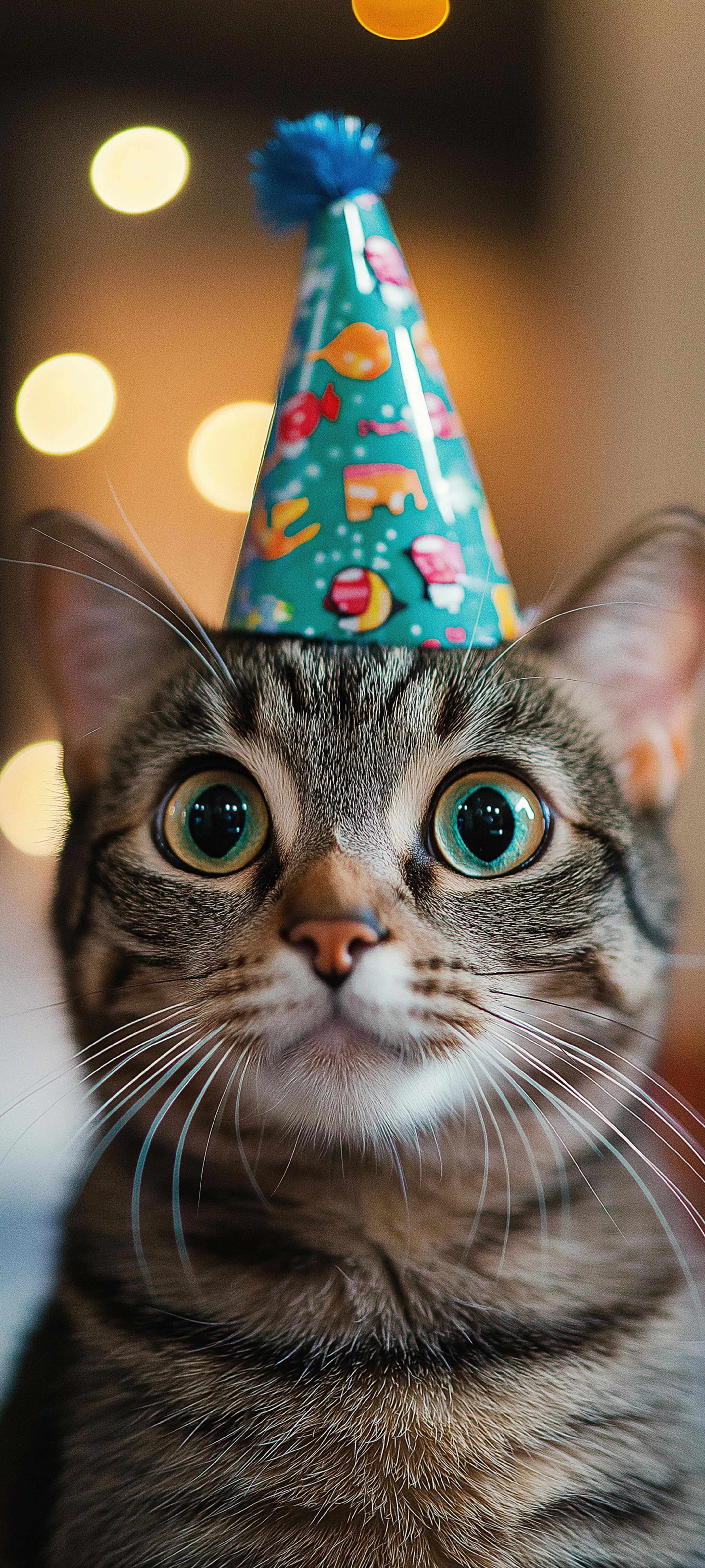 Adorable Cat Wearing Colorful Party Hat Portrait Image