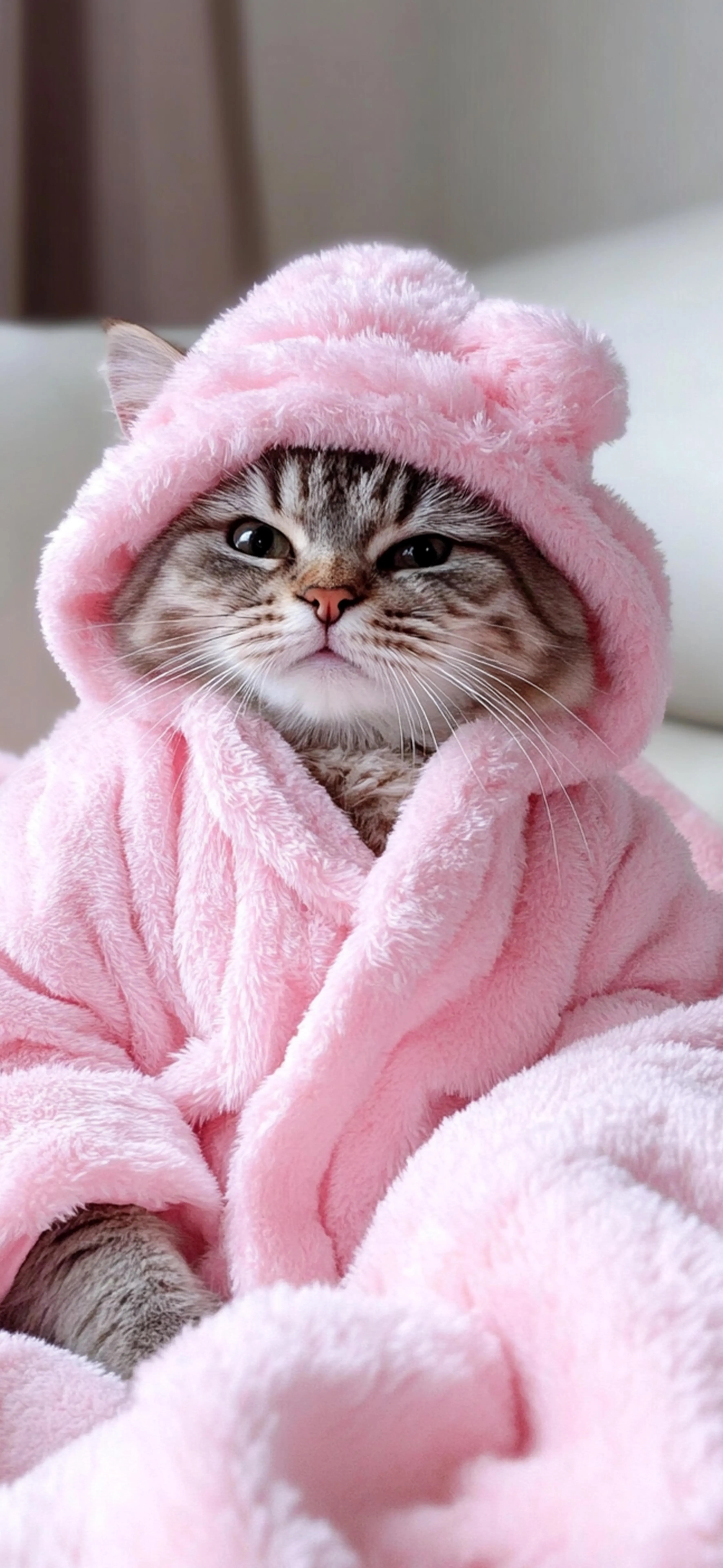 Adorable Cat Wearing Pink Hooded Robe Sitting Comfortably