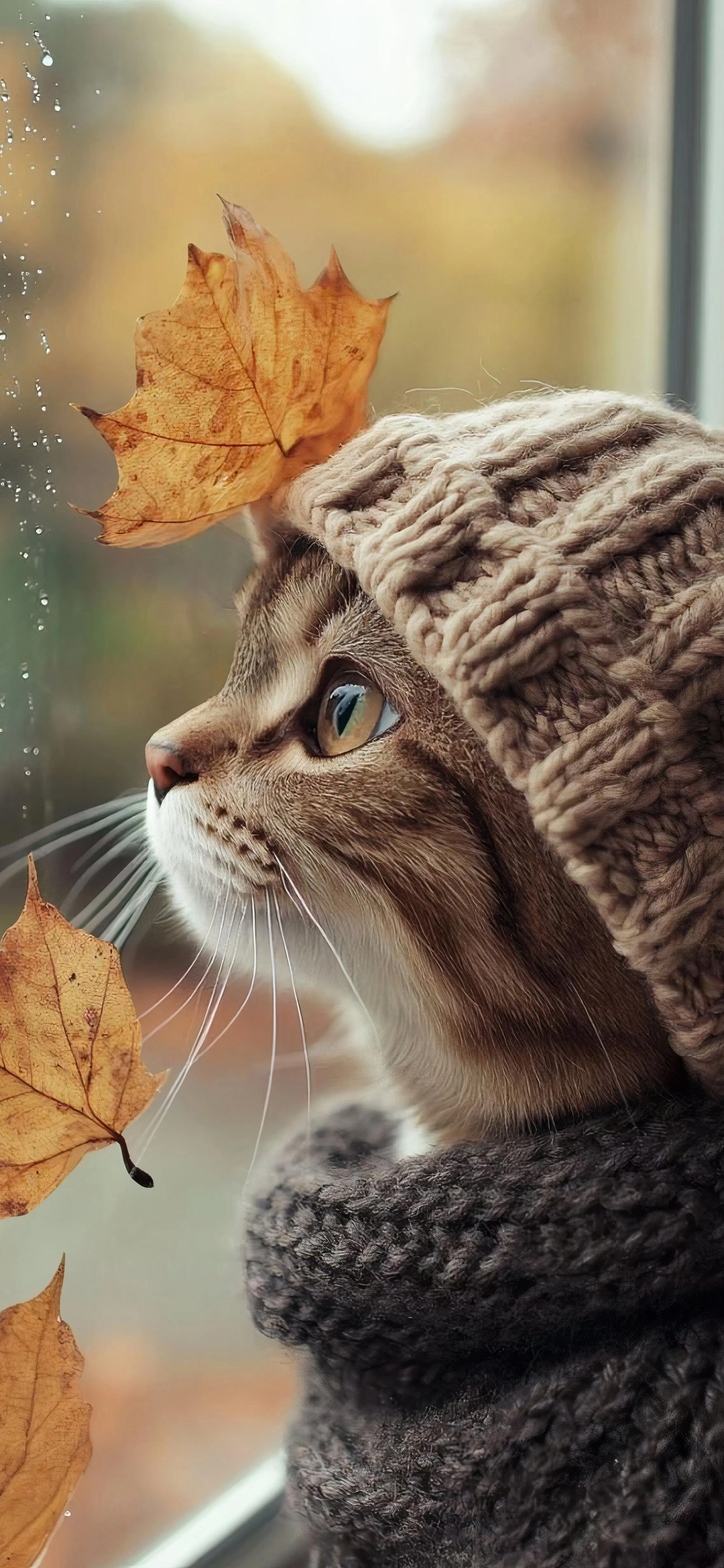 Adorable Cat Wearing Warm Hat Looking at Falling Leaves