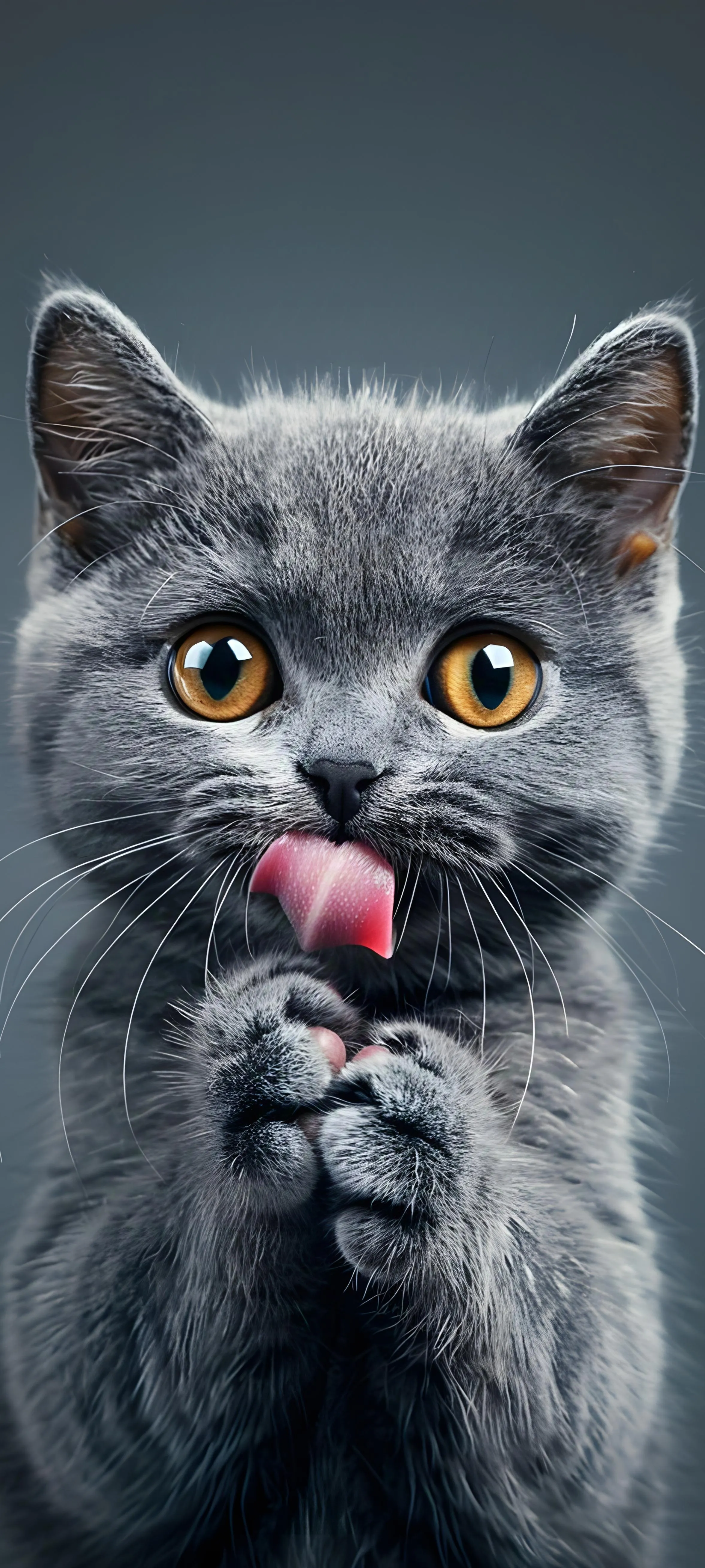Adorable Grey Cat Licking Hands with Blue Background