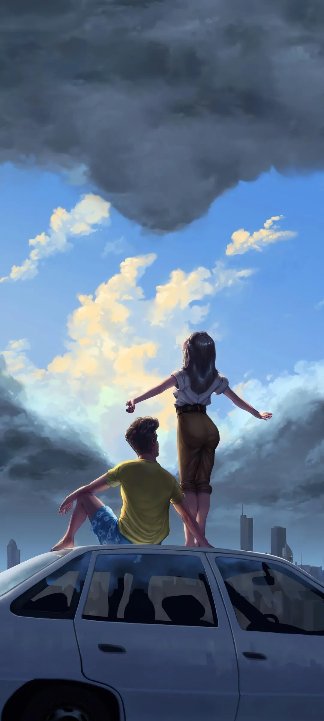 Adventure Scene Couple on Car Artistic Sky Design Wallpaper