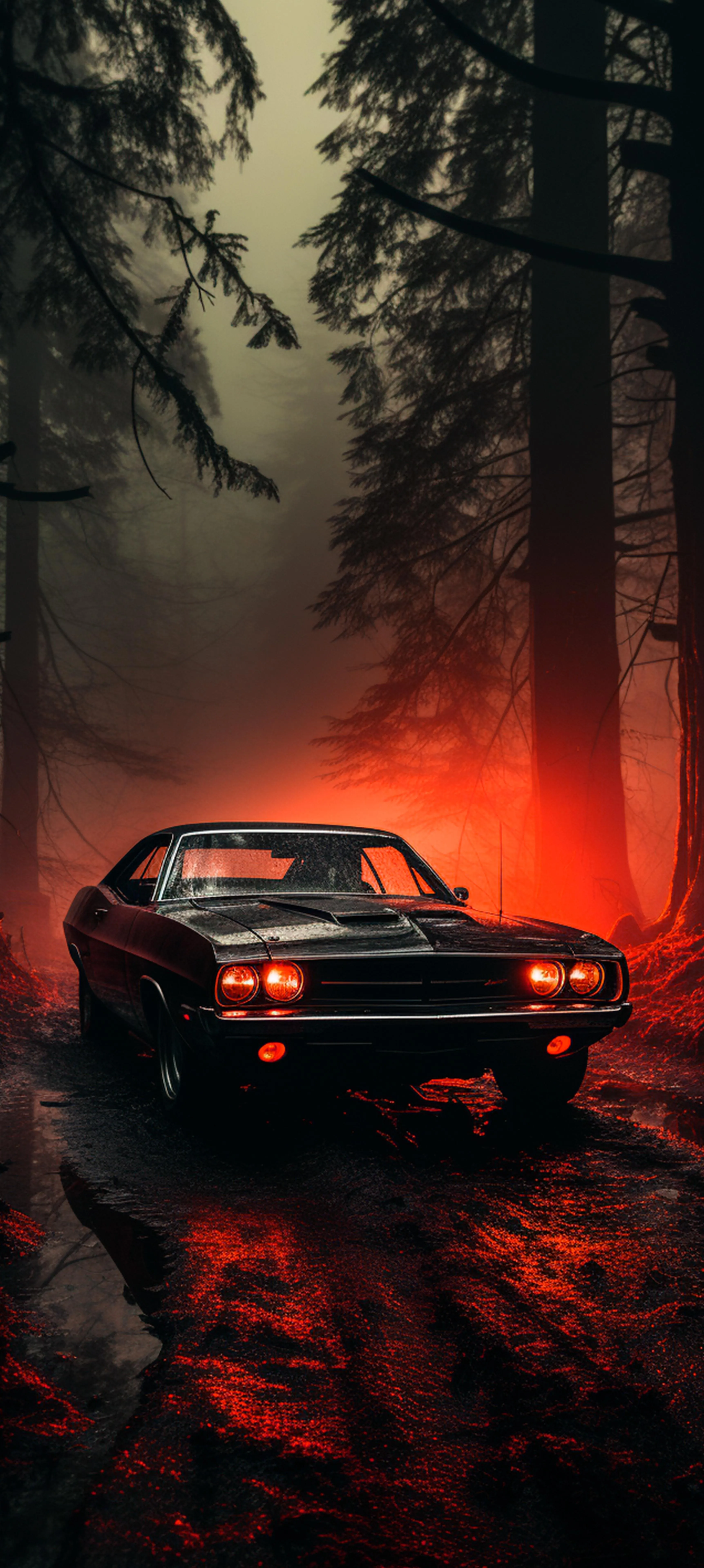 Adventure Suv Driving Through a Dark Red Misty Forest