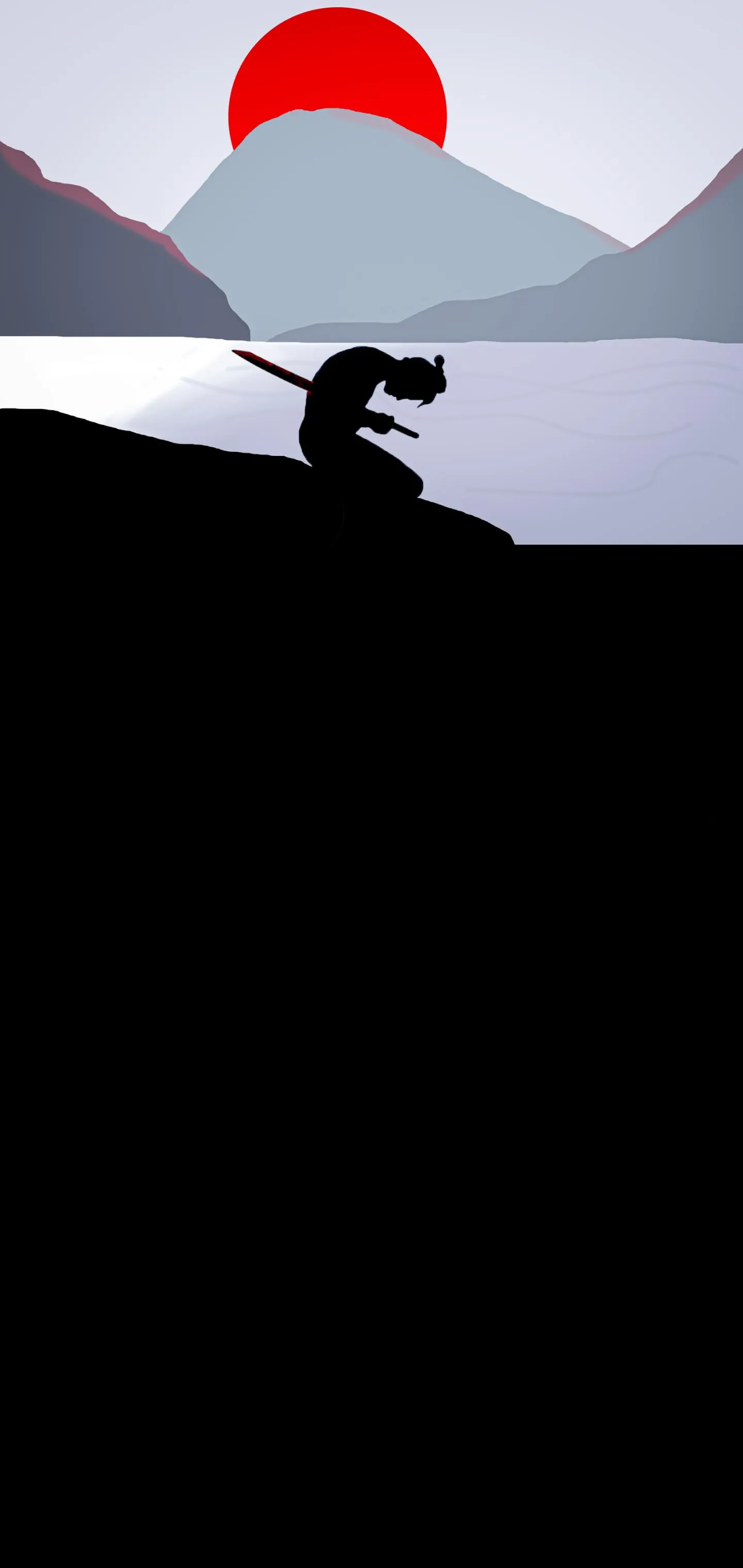 Adventurer Climbing Mountain with Red Sun Scene Wallpaper