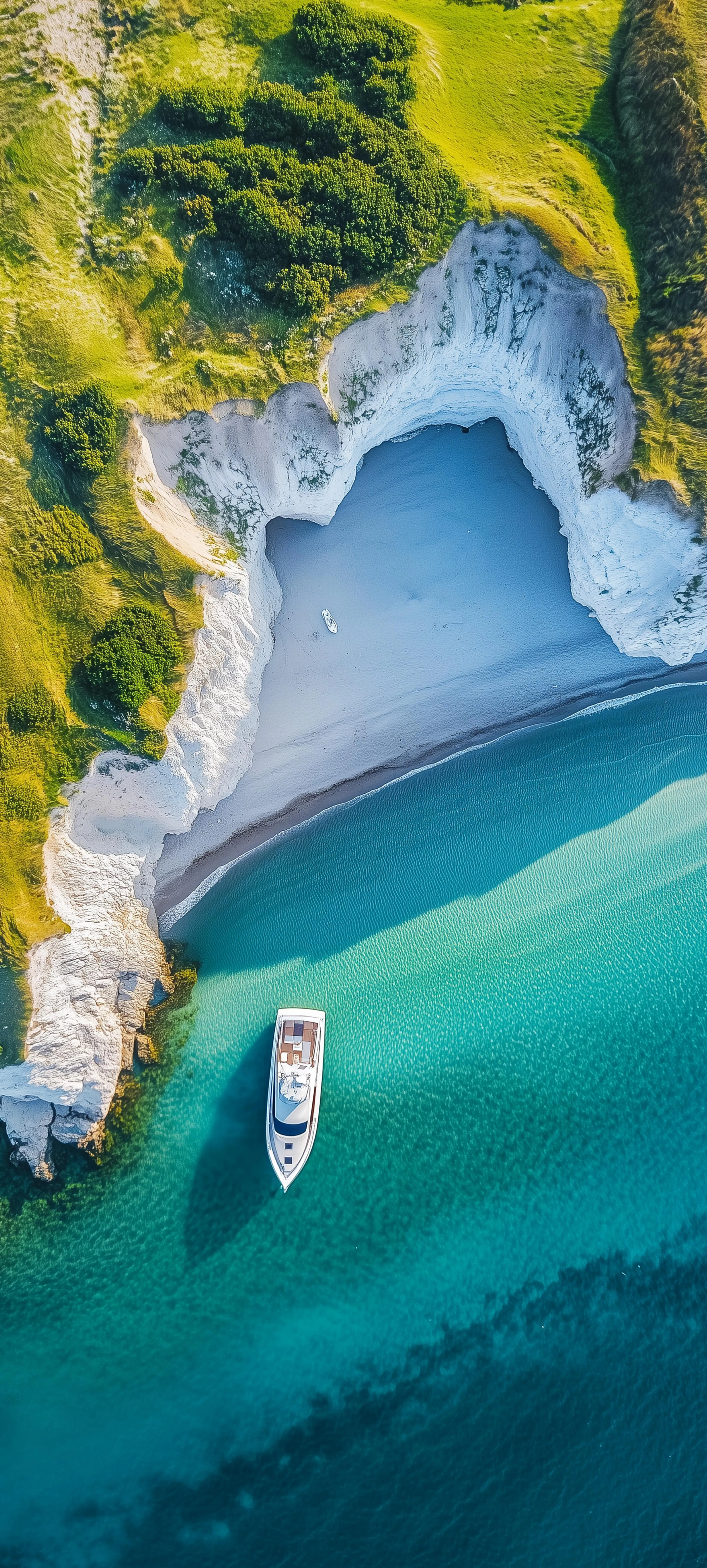 Aerial View of Crystal Blue Cove with Boats and Sand