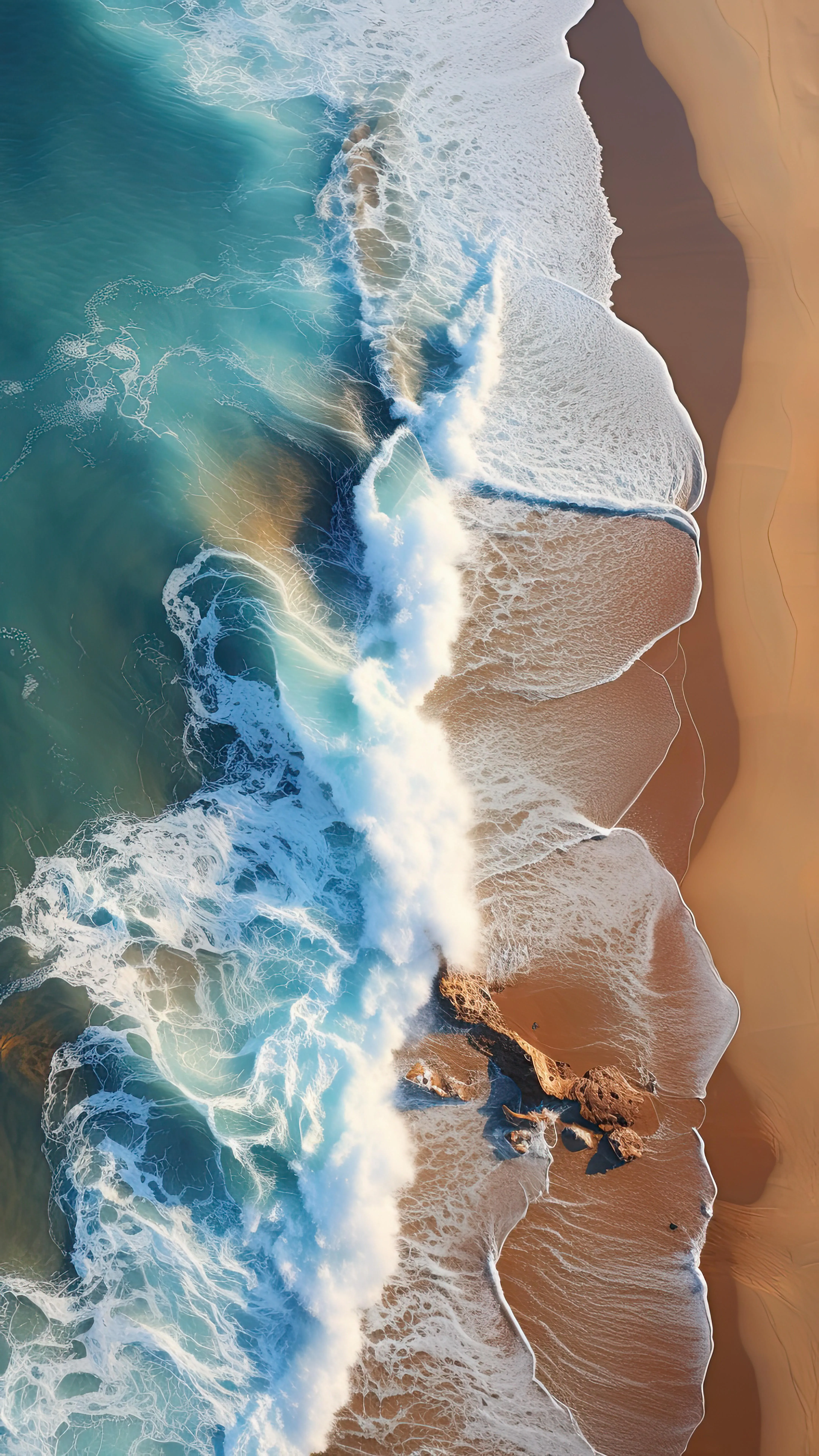 Aerial View of Ocean Waves Crashing on Sandy Beach Image 4K