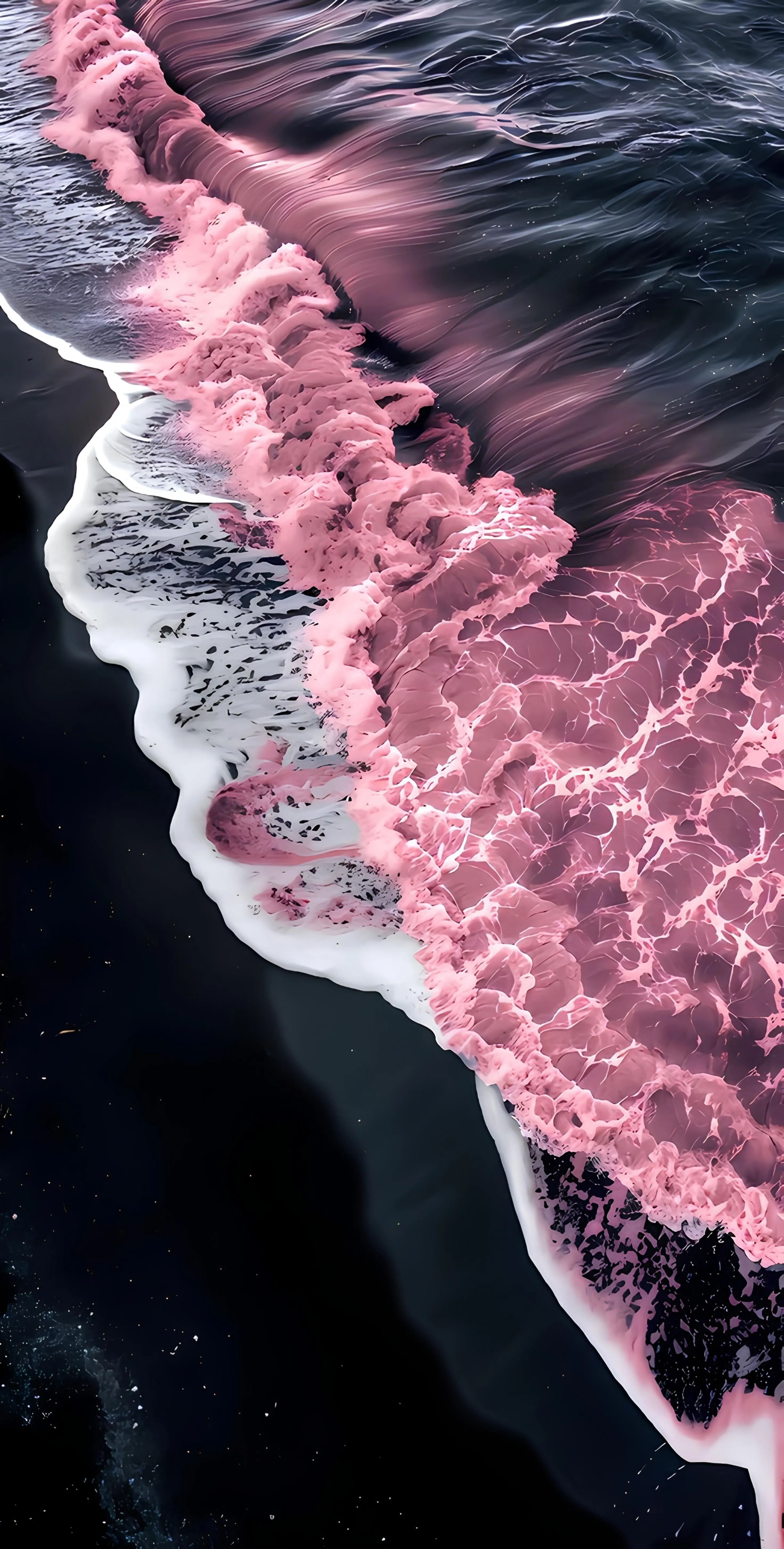Aerial View of Pink Sandy Beach Meeting Dark Ocean Waves