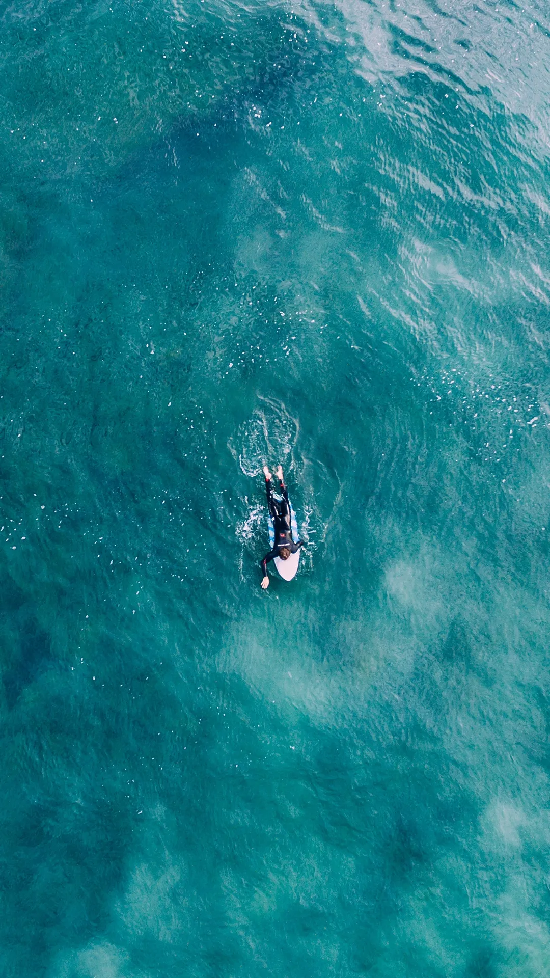 Aerial View of Surfer Paddling Through Clear Blue Water