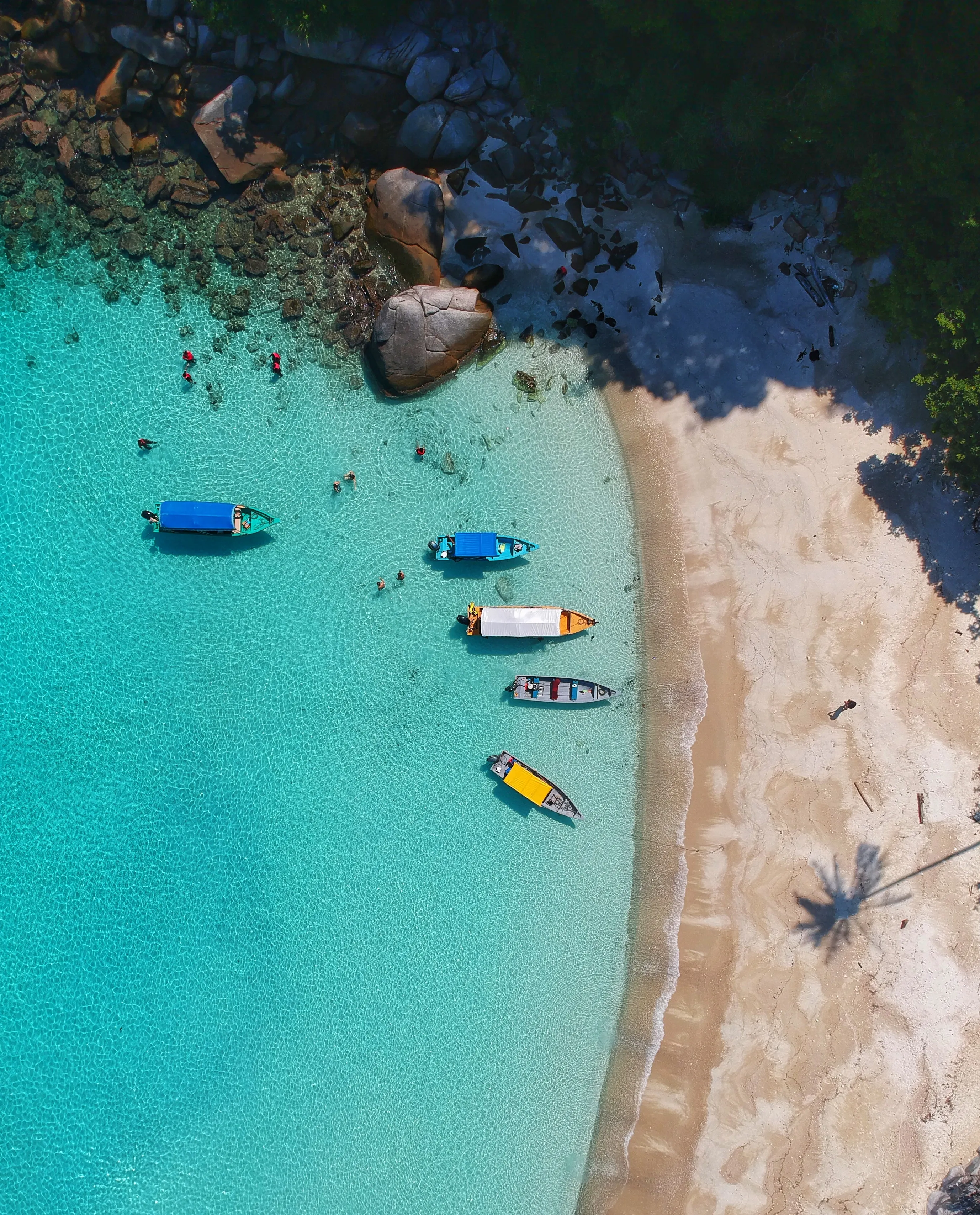 Aerial View of Tropical Beach with Boats and Clear Sea