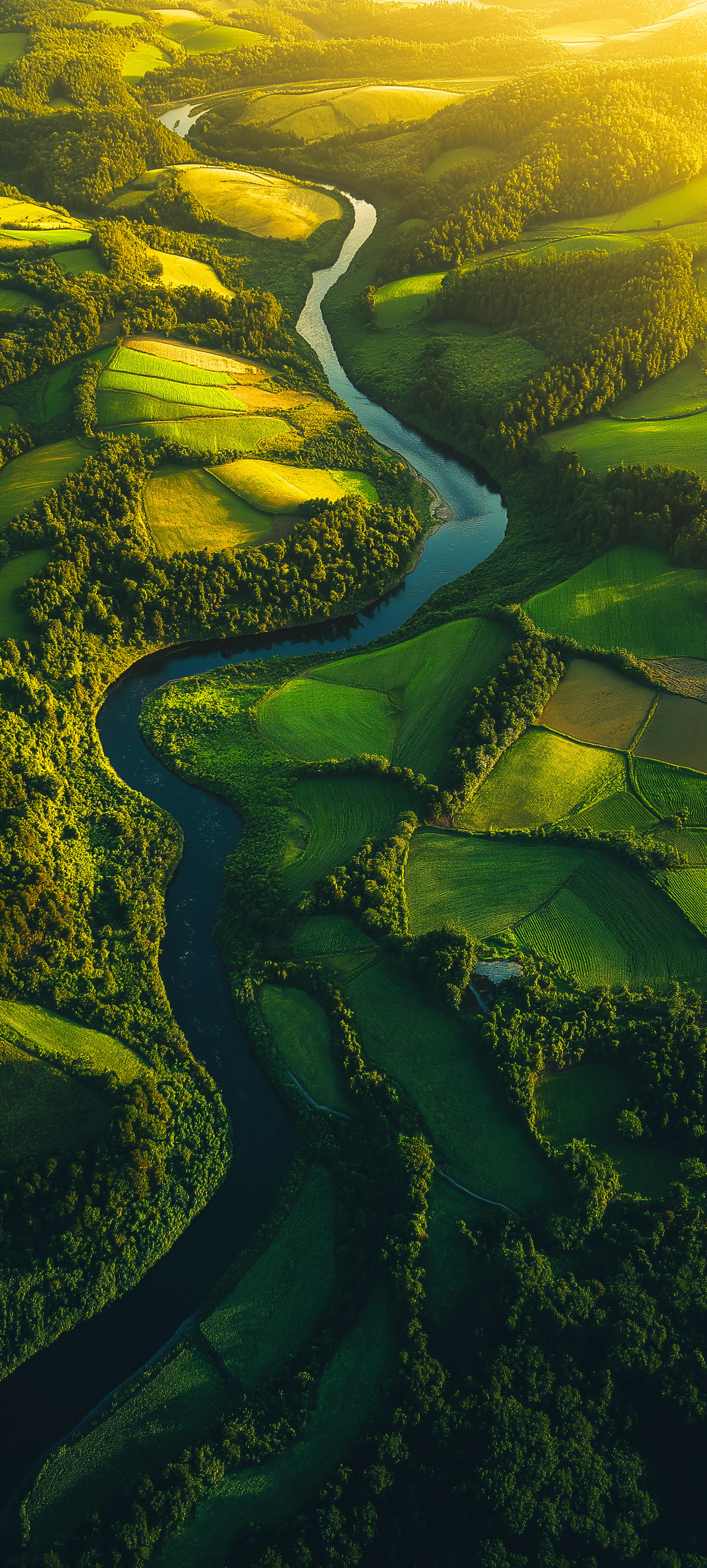 Aerial View of Winding River Through Green Fields for Samsung