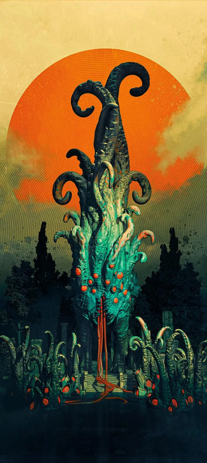 Ancient Cosmic Entity Rising Under Crimson Sun Image