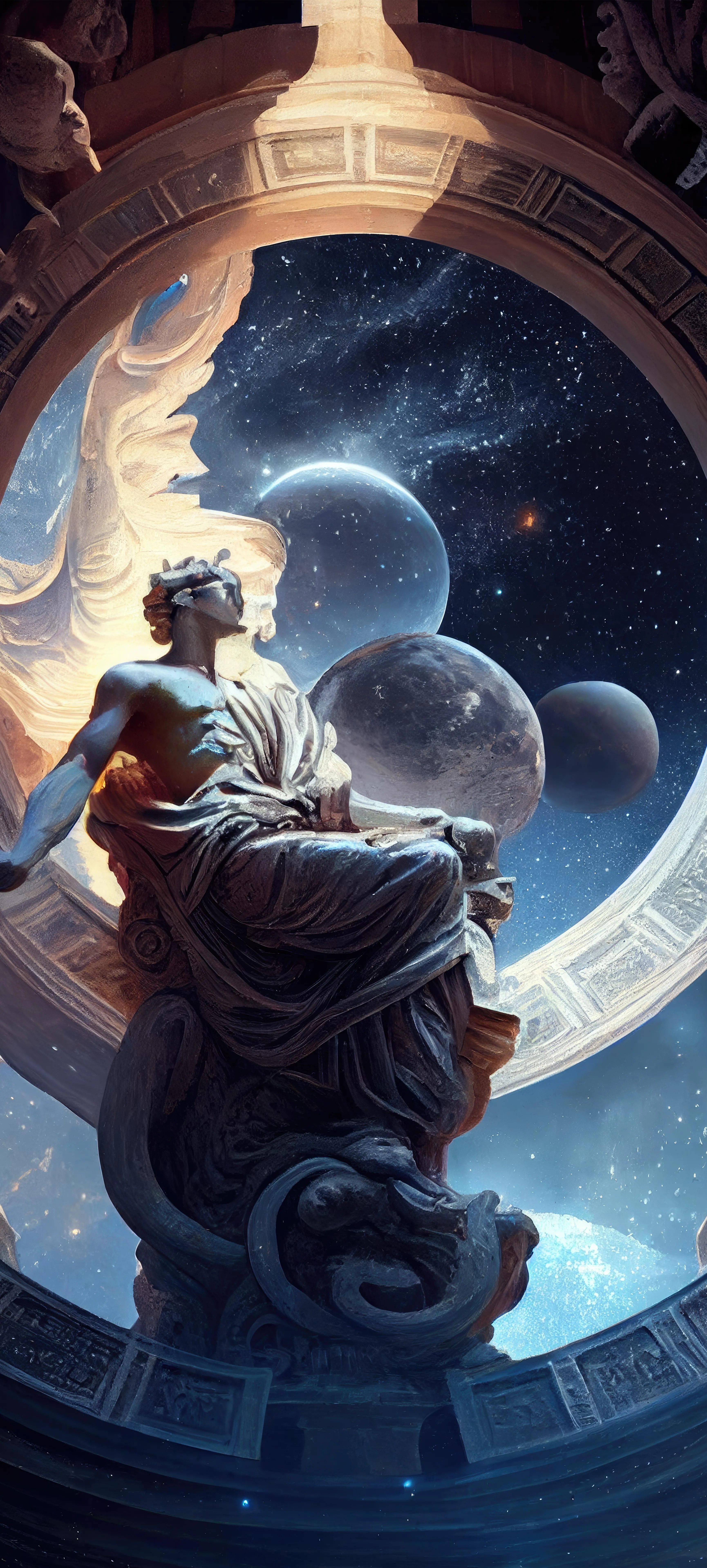 Ancient Statue Framed by Ornate Archway with Planets Beyond