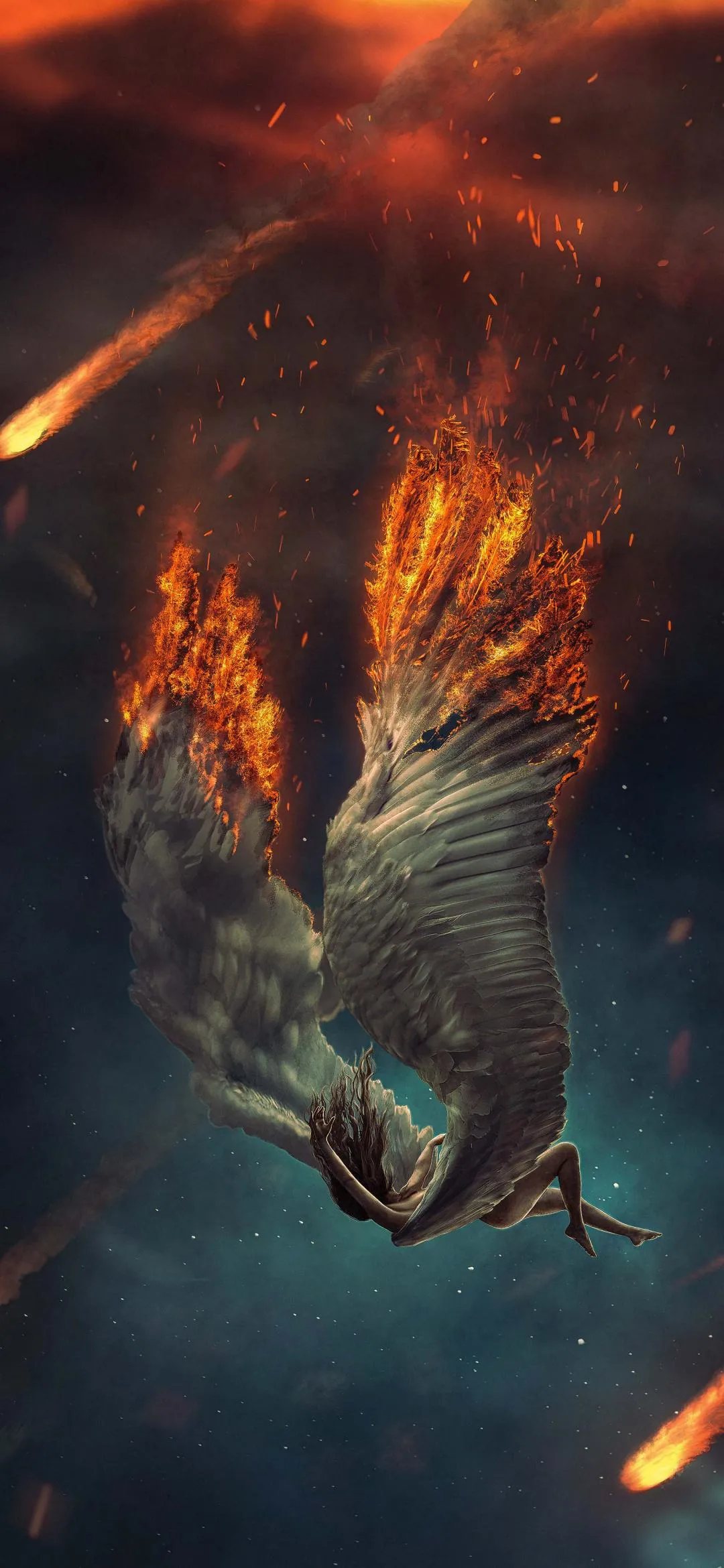 Angel Falling with Burning Wings in Dramatic Sky Wallpaper