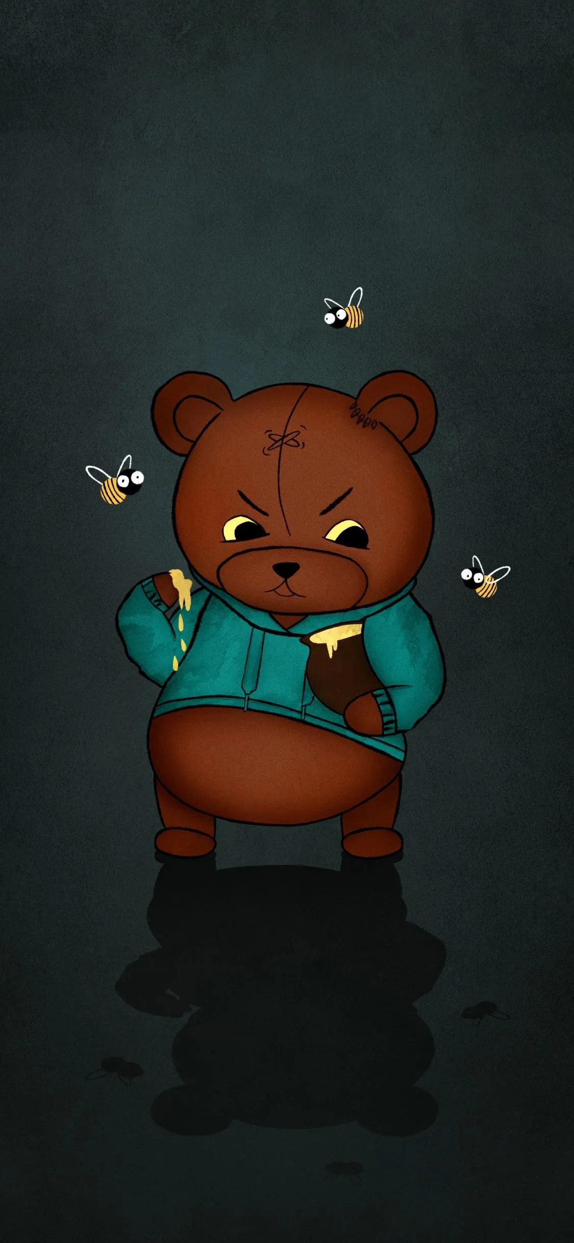 Angry cartoon bear holding honey chased by buzzing bees