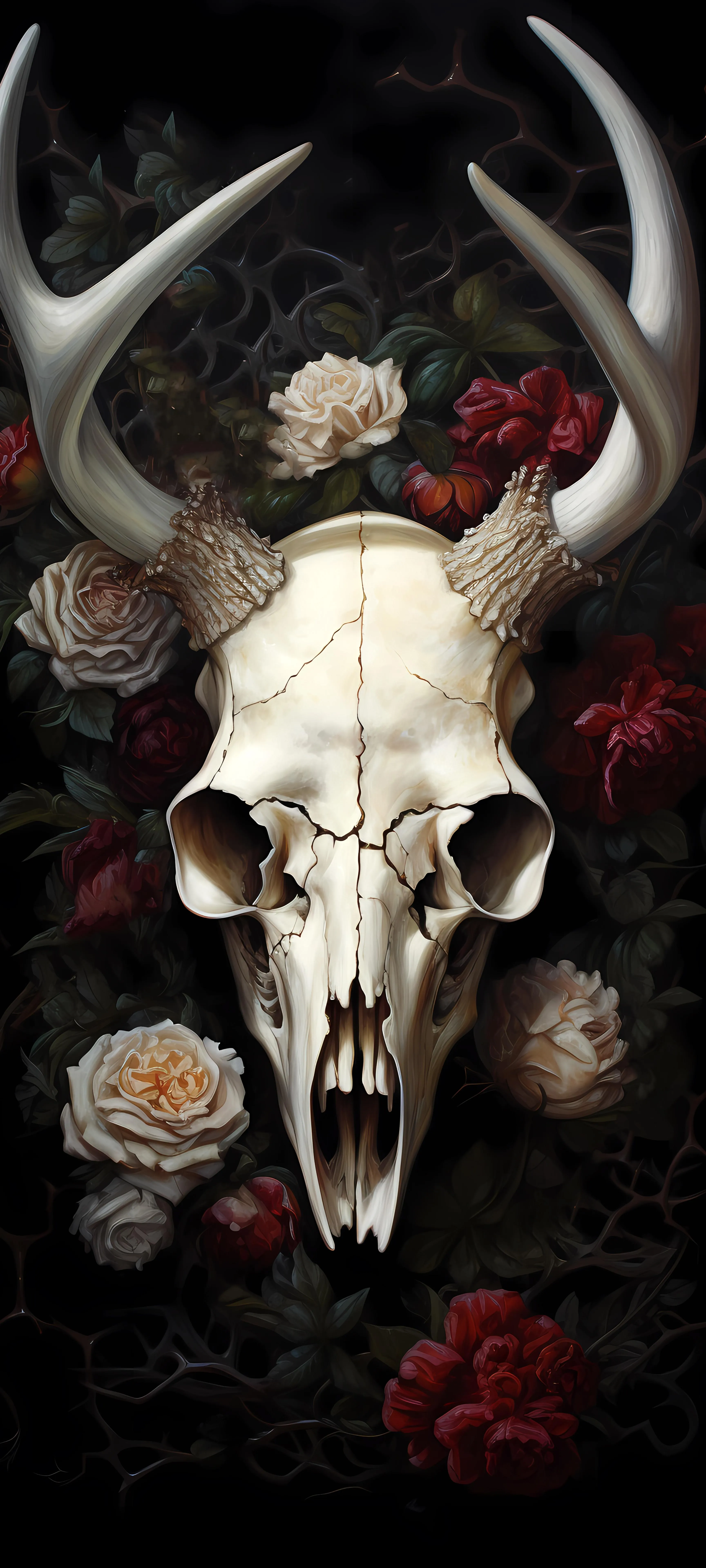 Animal Skull Surrounded by Flowers in Dark Artistic Scene