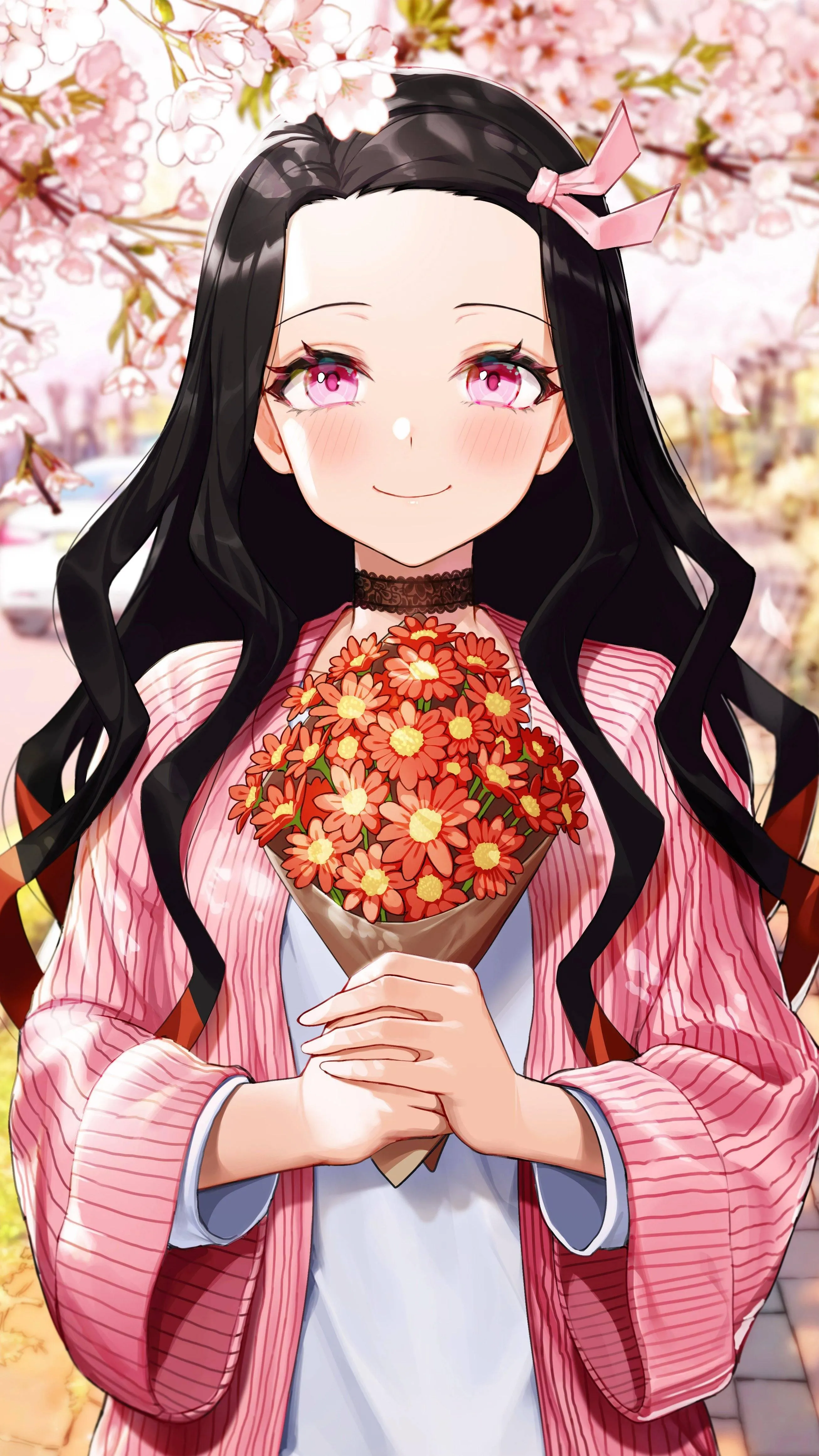 Anime Girl Holding Flowers with Soft Pastel Styled Colors