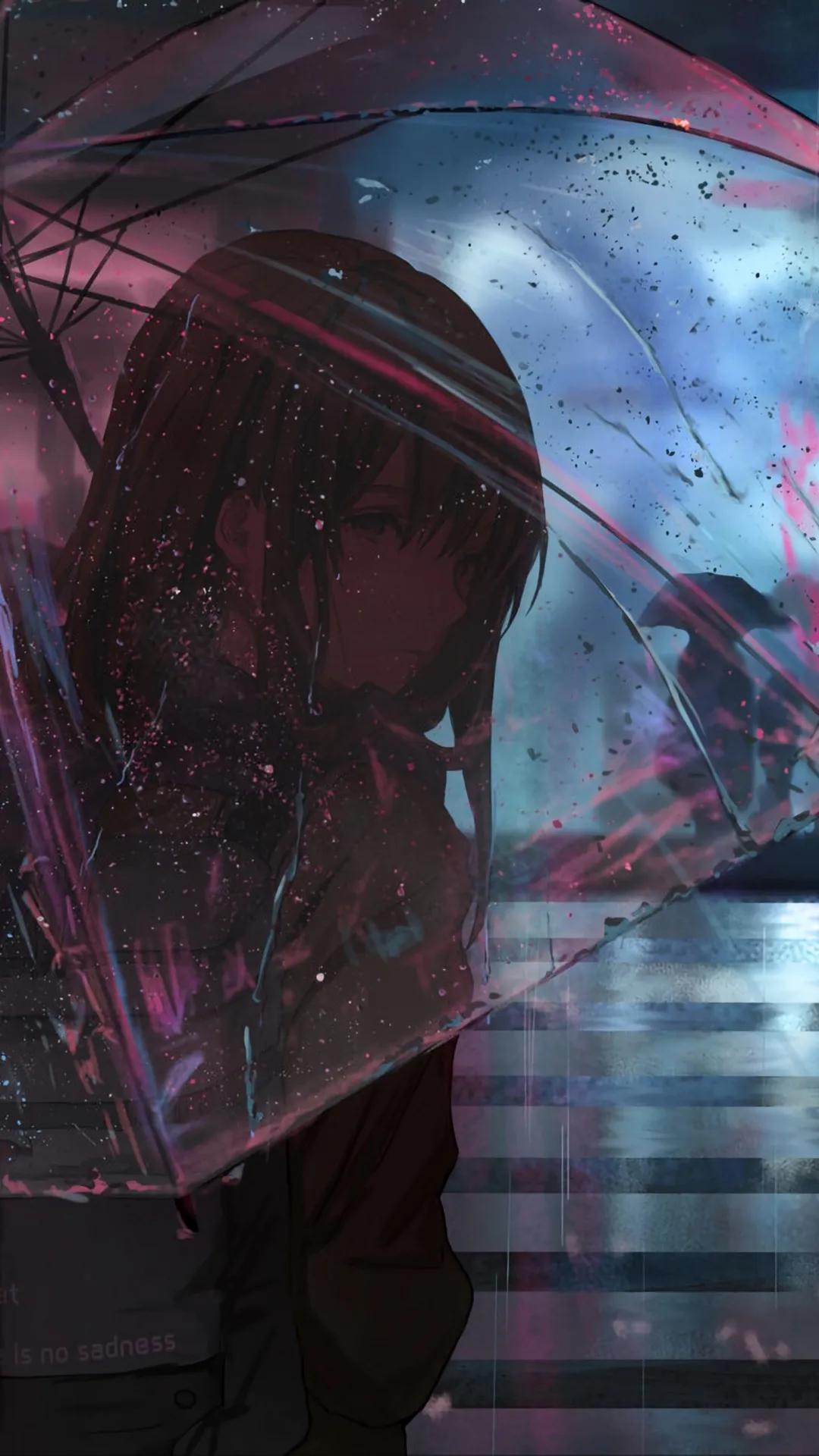 Anime Girl Walking Alone in Rain Under Neon Lights Image