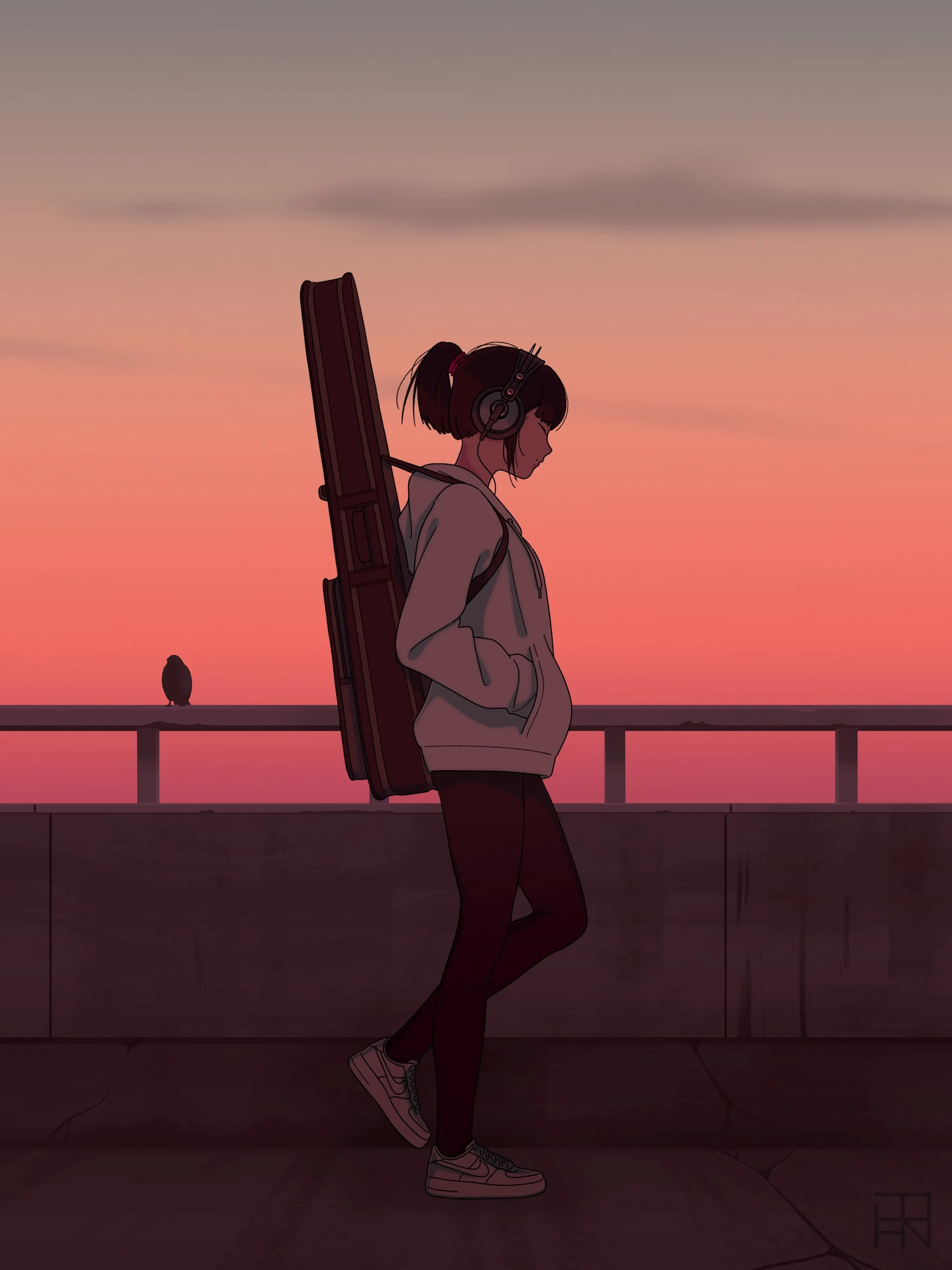 Anime Girl Walking Sunset for iPhone SE 3rd Gen Wallpaper