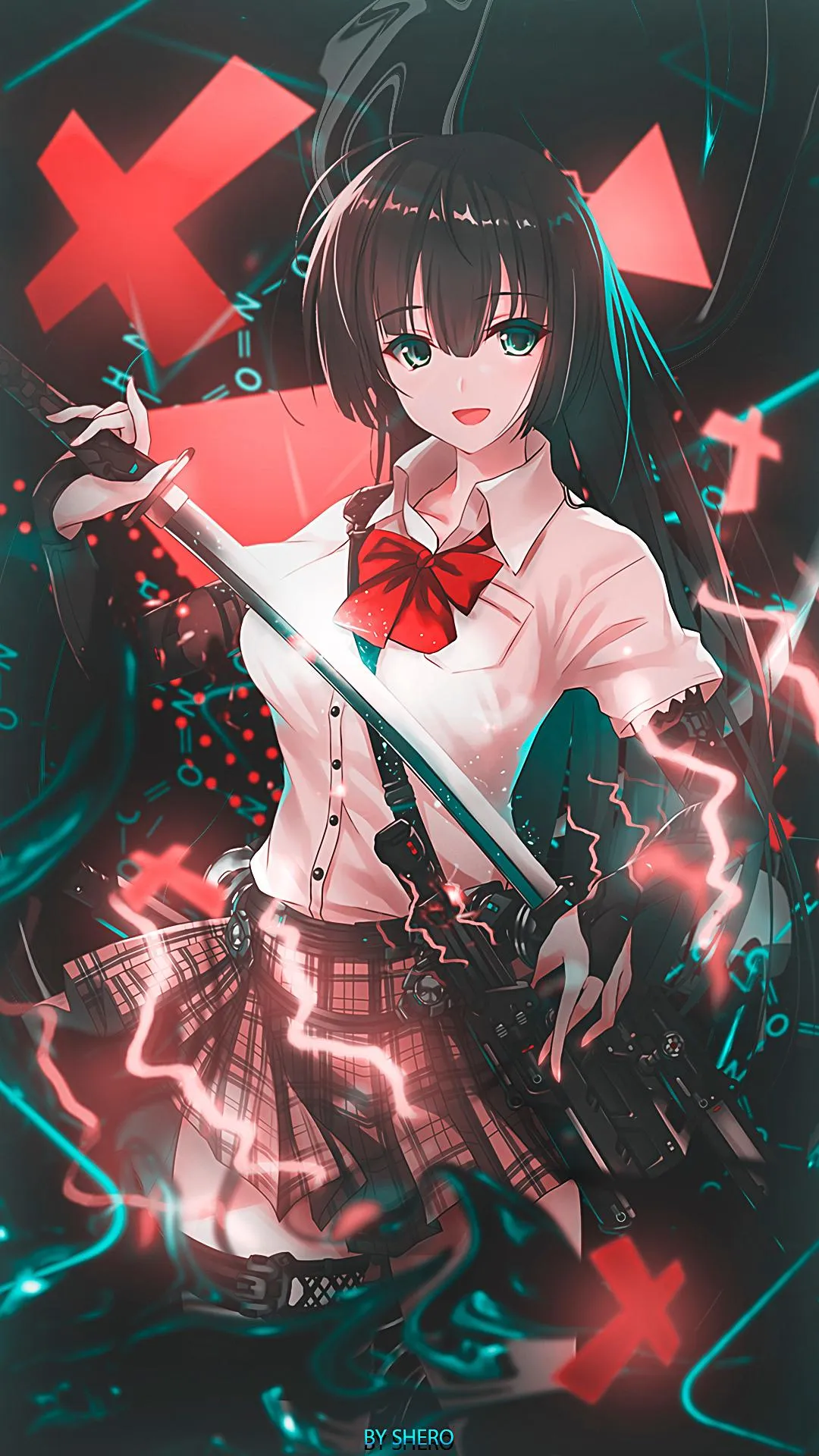 Anime Girl with Swords and Red Glowing Background Wallpaper
