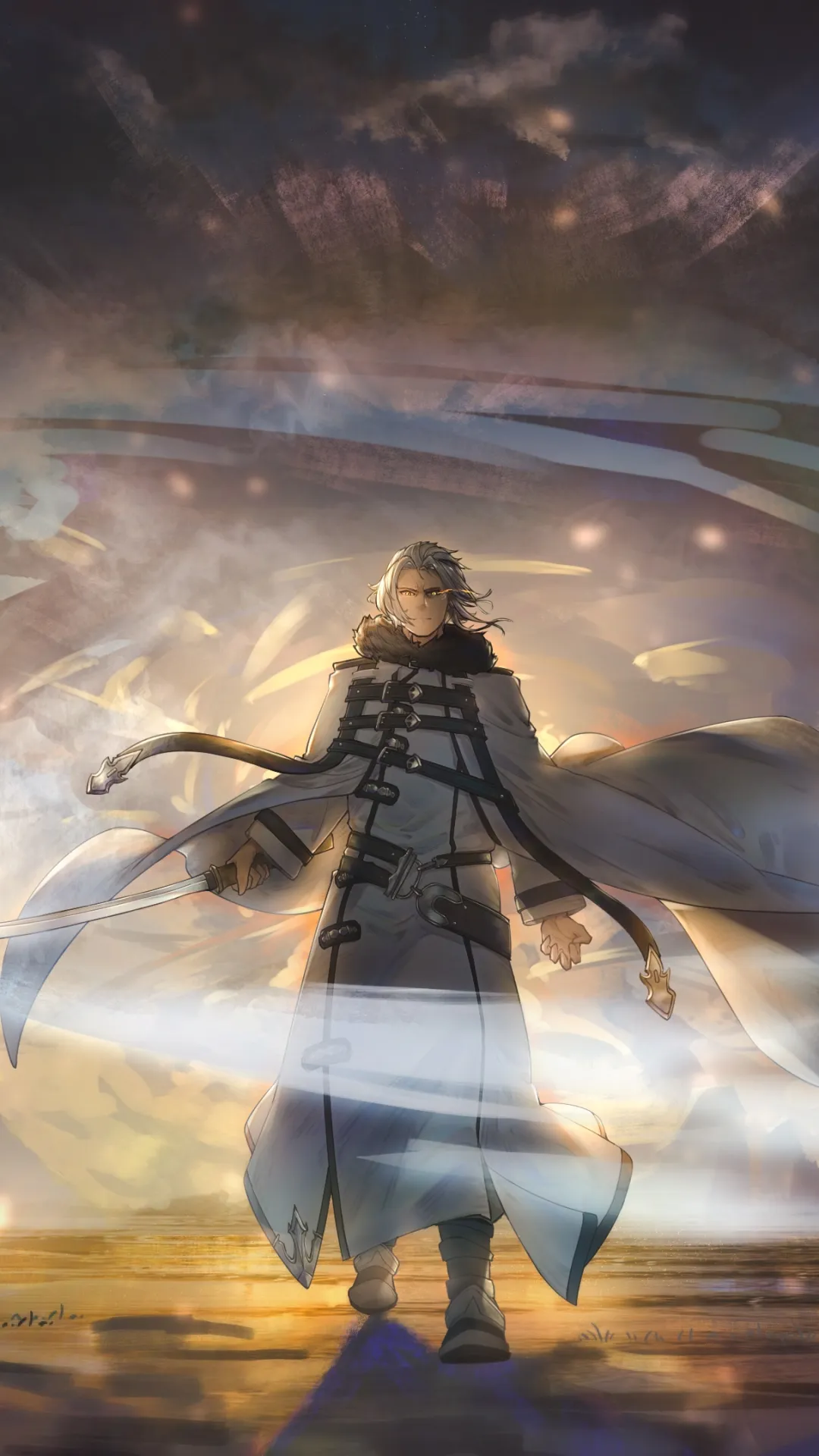 Anime Man Standing in Misty Field at Golden Sunrise