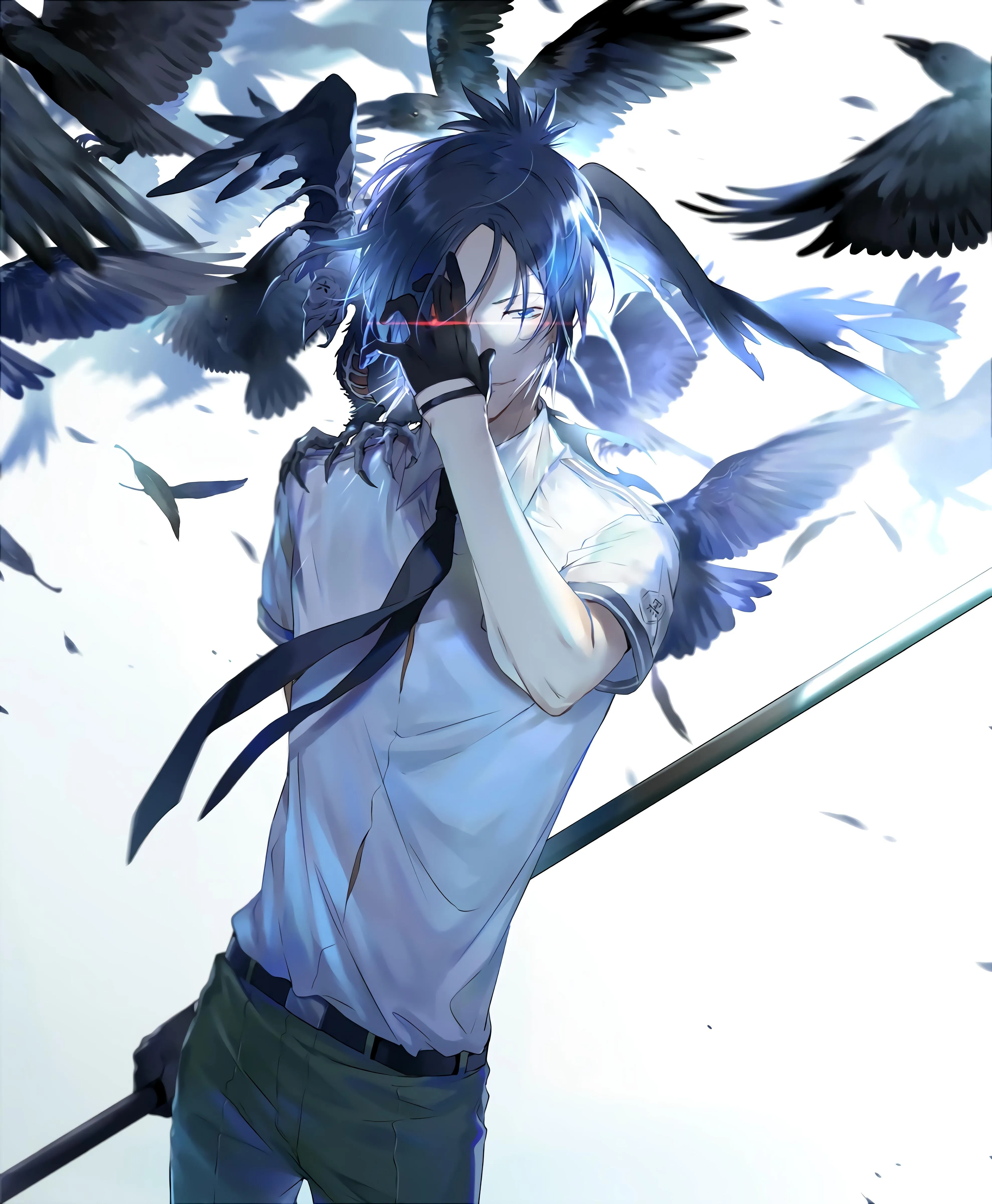 Anime Warrior Surrounded by Dark Birds in Intense Sky Scene