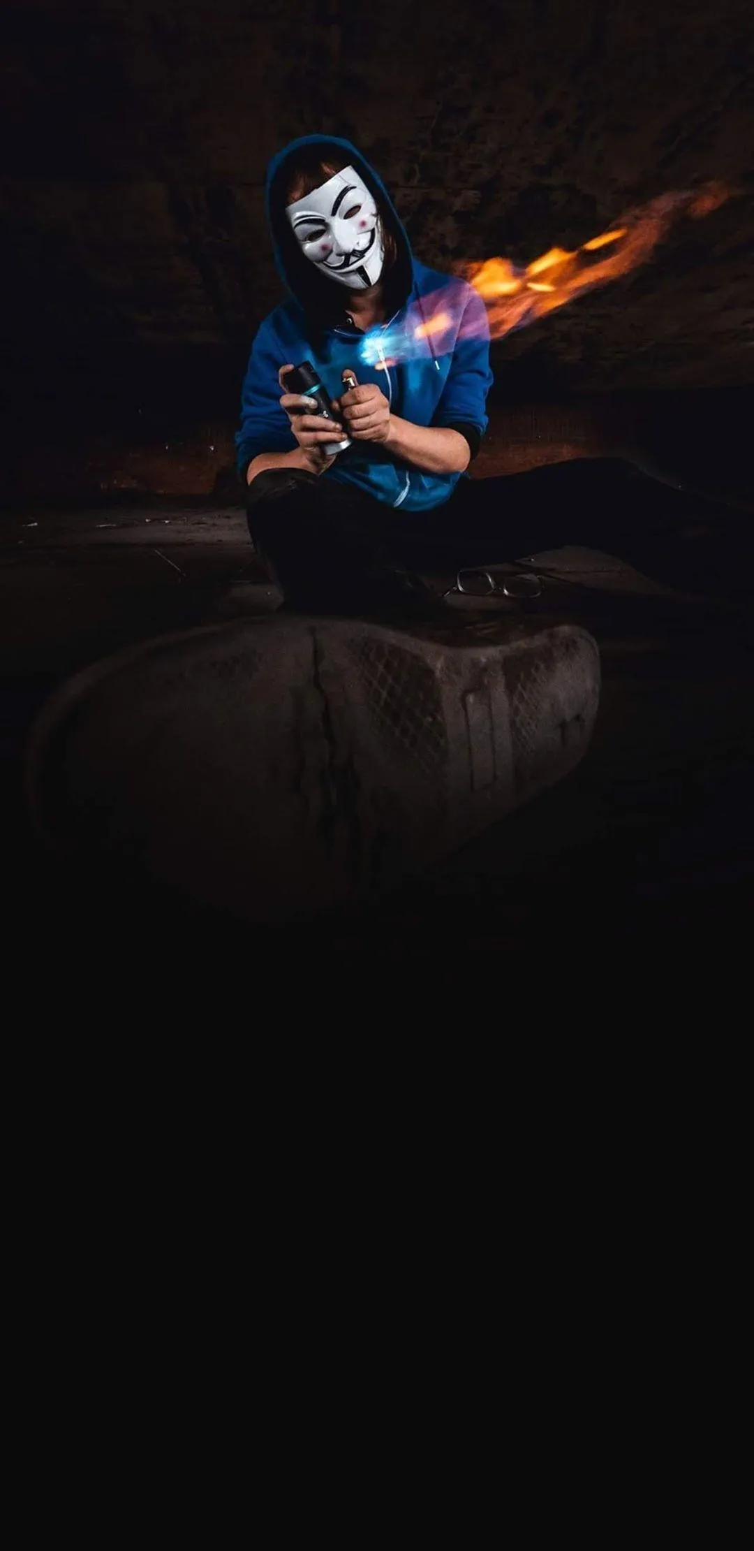 Anonymous Hacker in Dark Room with Fire Effect Scene