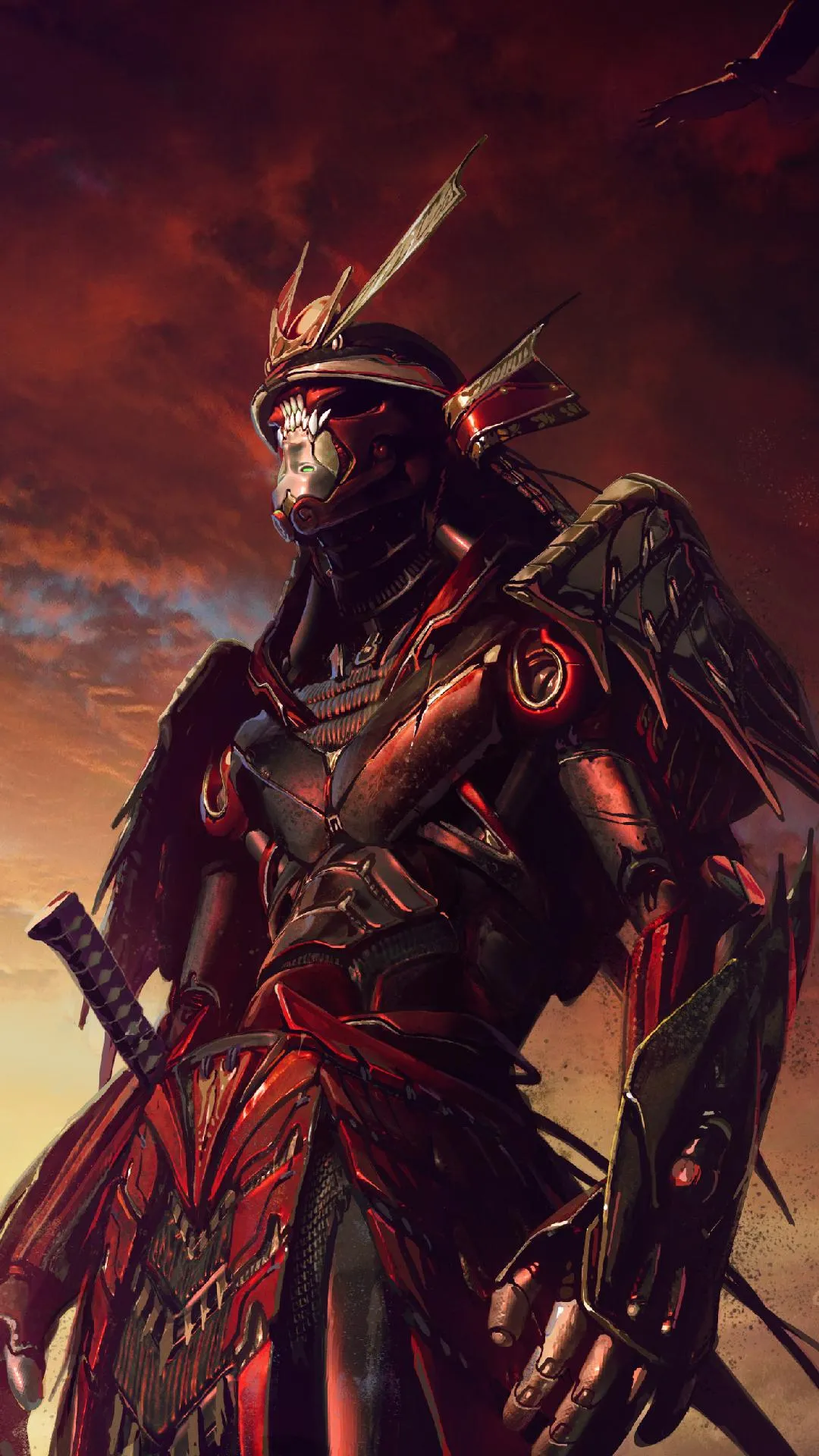 Armored Warrior Standing in Fire Red Battlefield Light