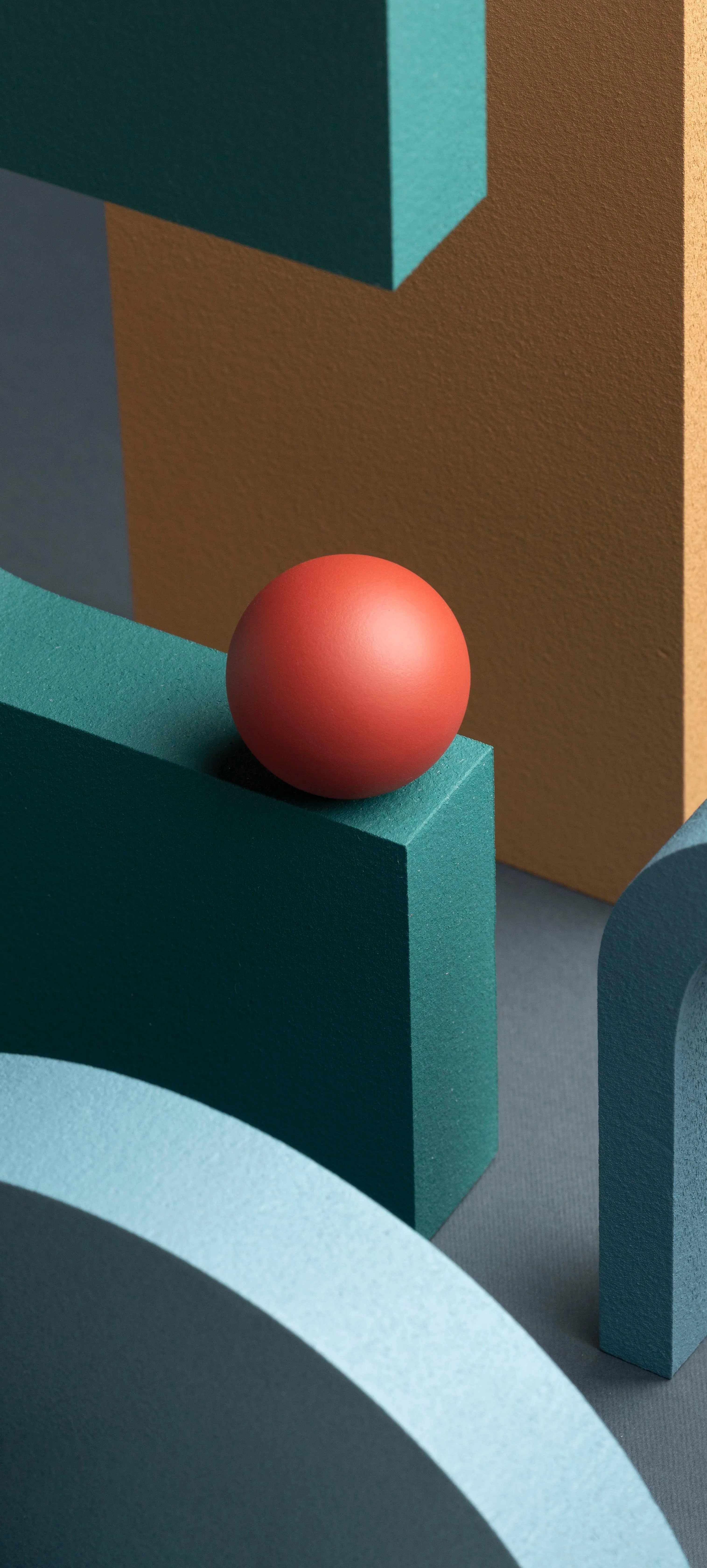 Art with Red Sphere and Geometric Shapes in Soft Colors