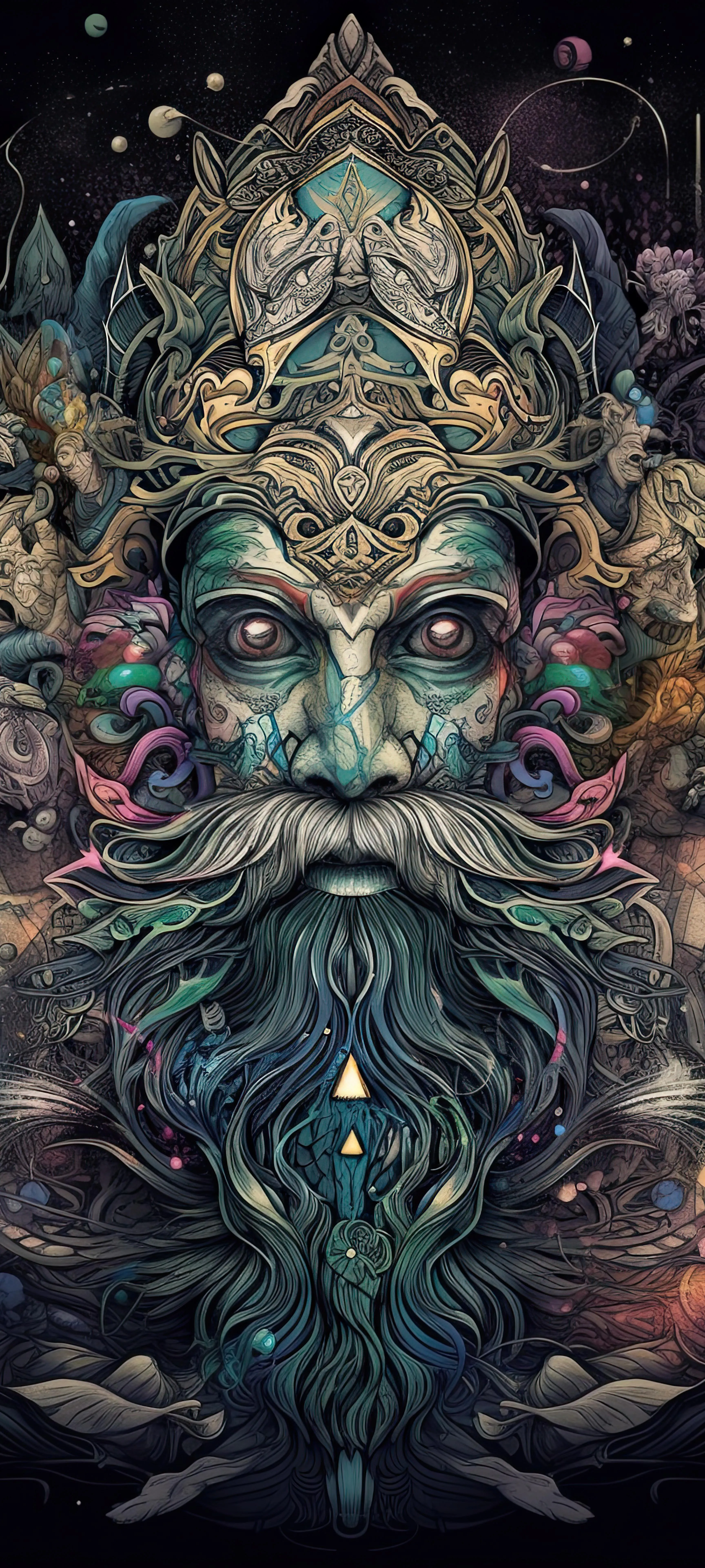 Artistic Bearded Figure with Cosmic Face Details Wallpaper