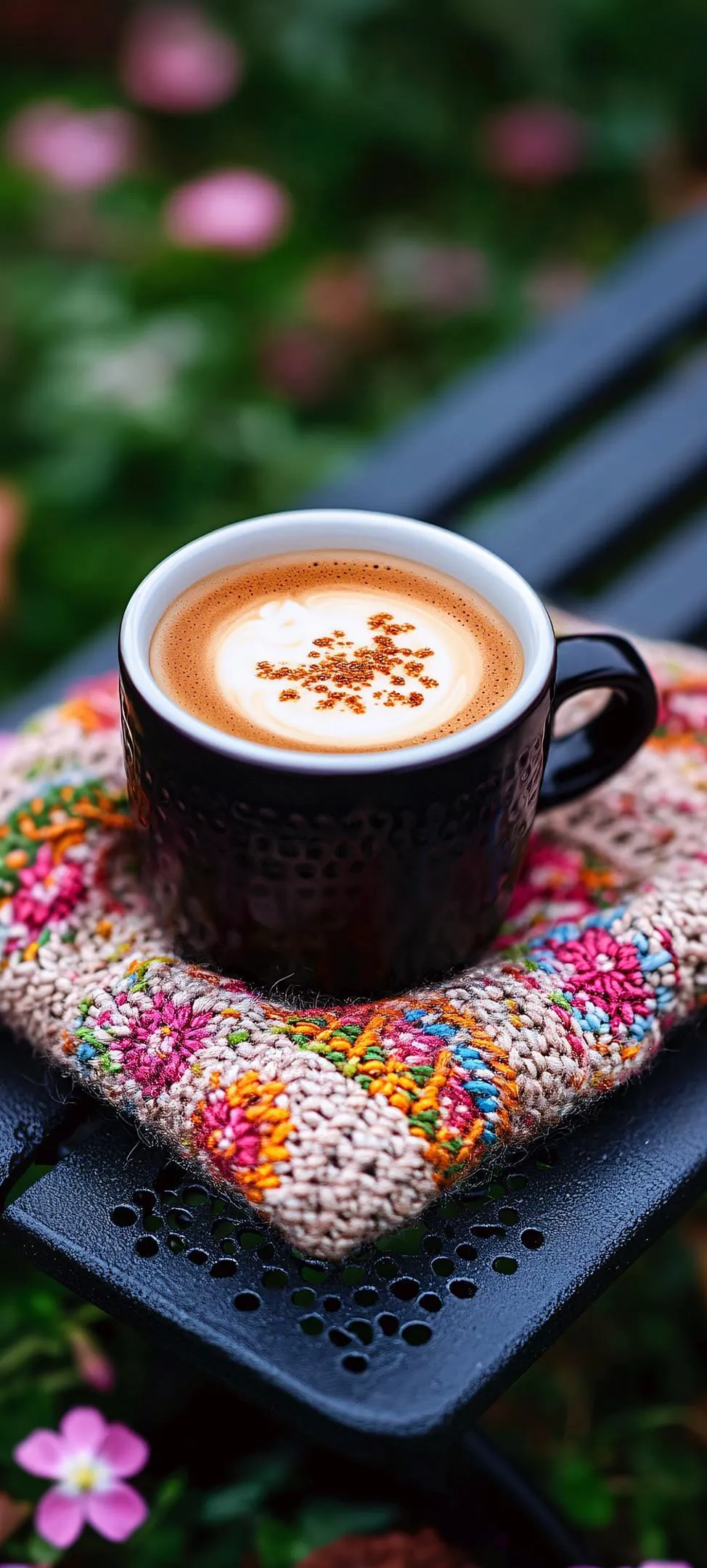 Artistic Coffee Cup on Floral Tray Closeup Wallpaper