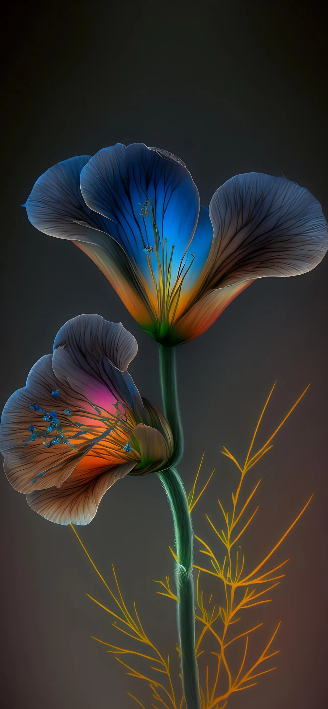 Artistic Flowers with Blue and Orange Petals Wallpaper