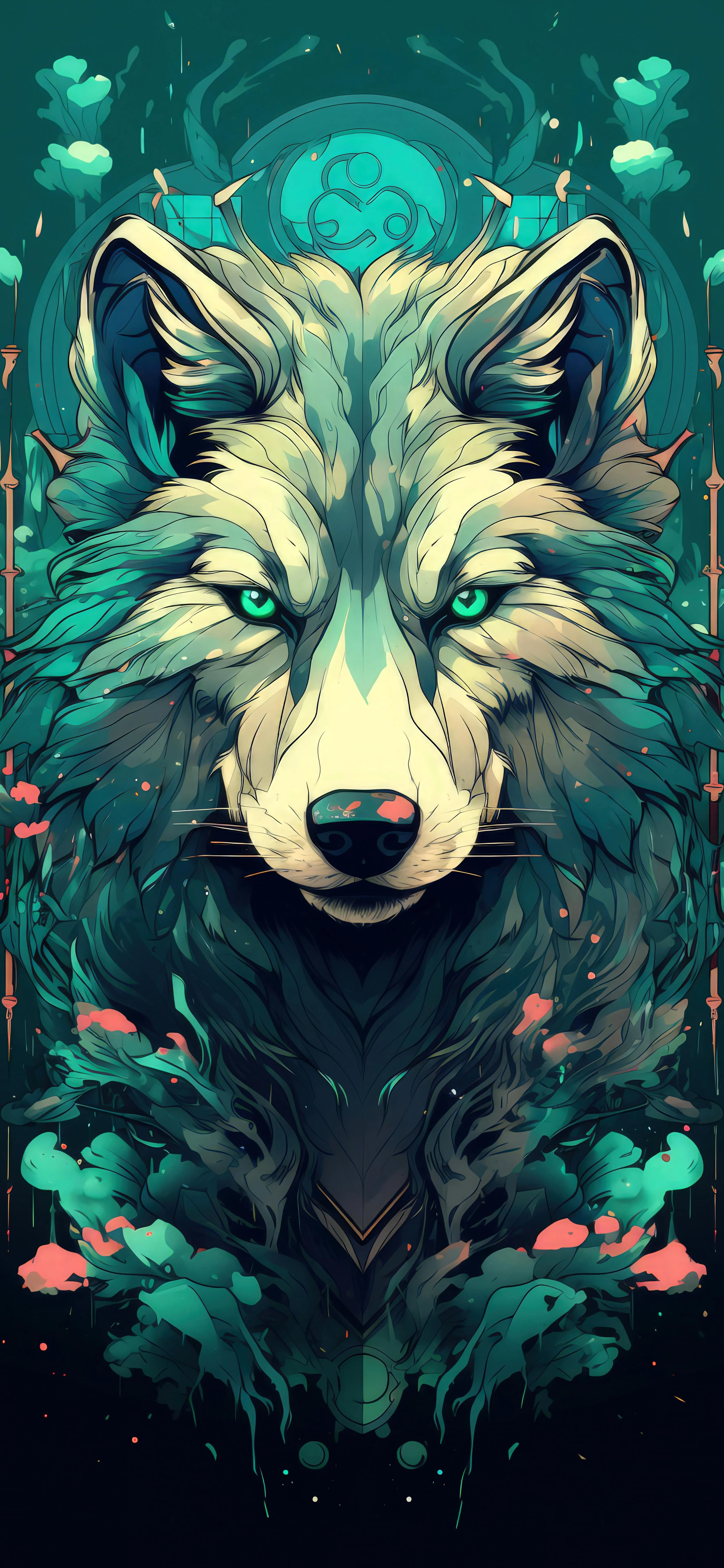 Artistic Illustration of a Wolf Head Surrounded by Colours