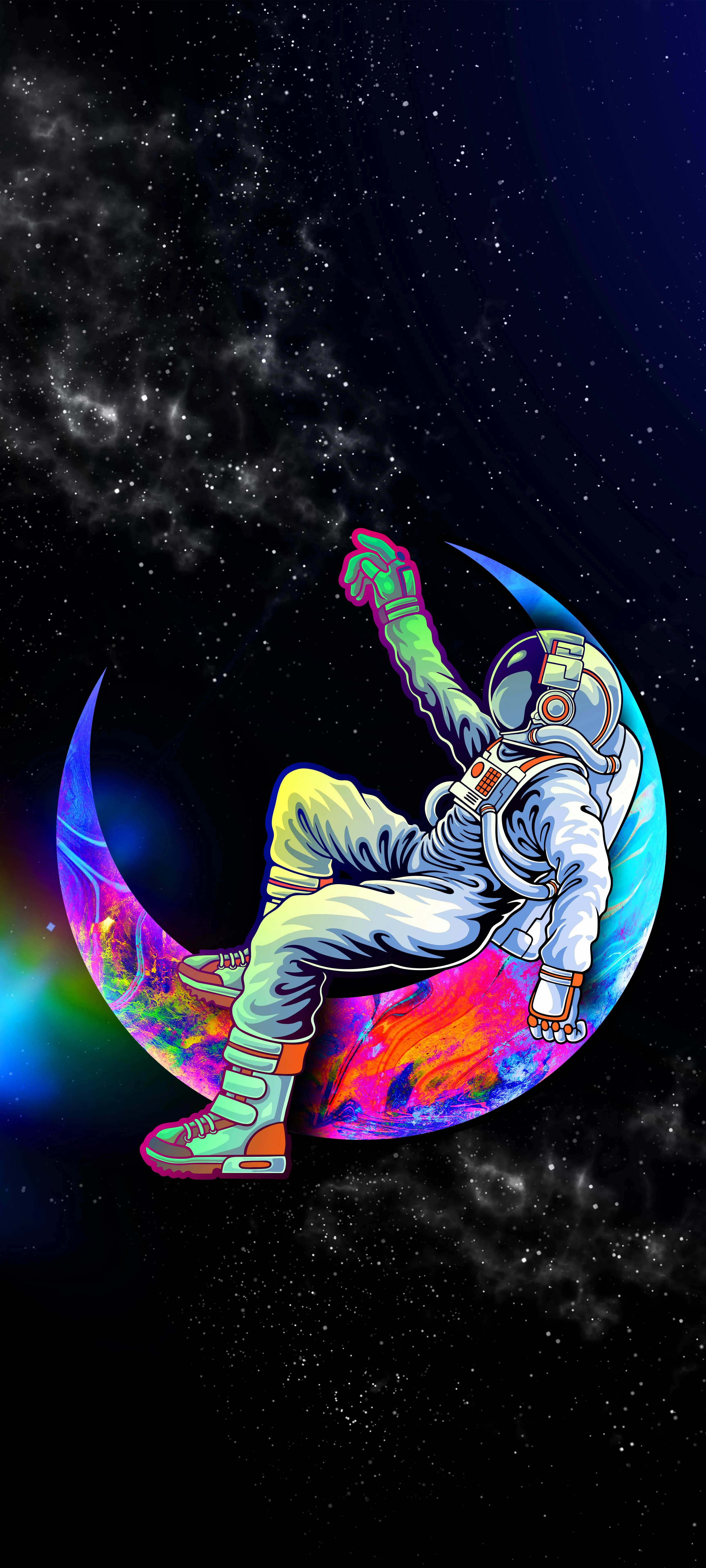 Artistic Illustration of Astronaut Sitting on Rainbow Moon