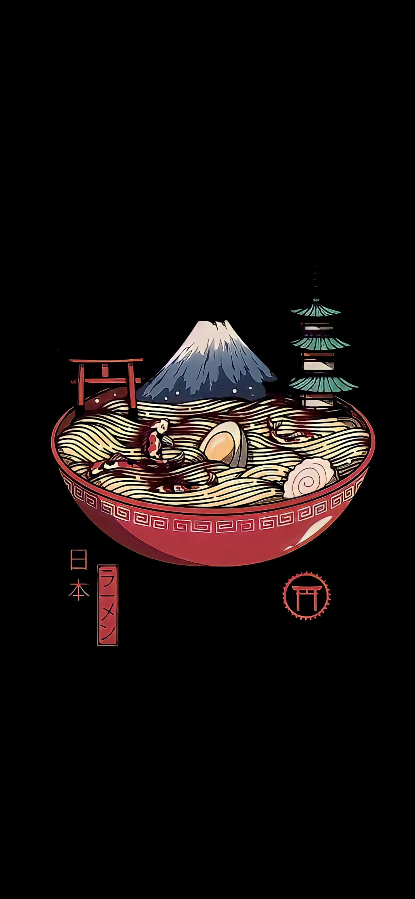 Artistic Japanese Ramen Bowl with Mount Fuji and Pagoda