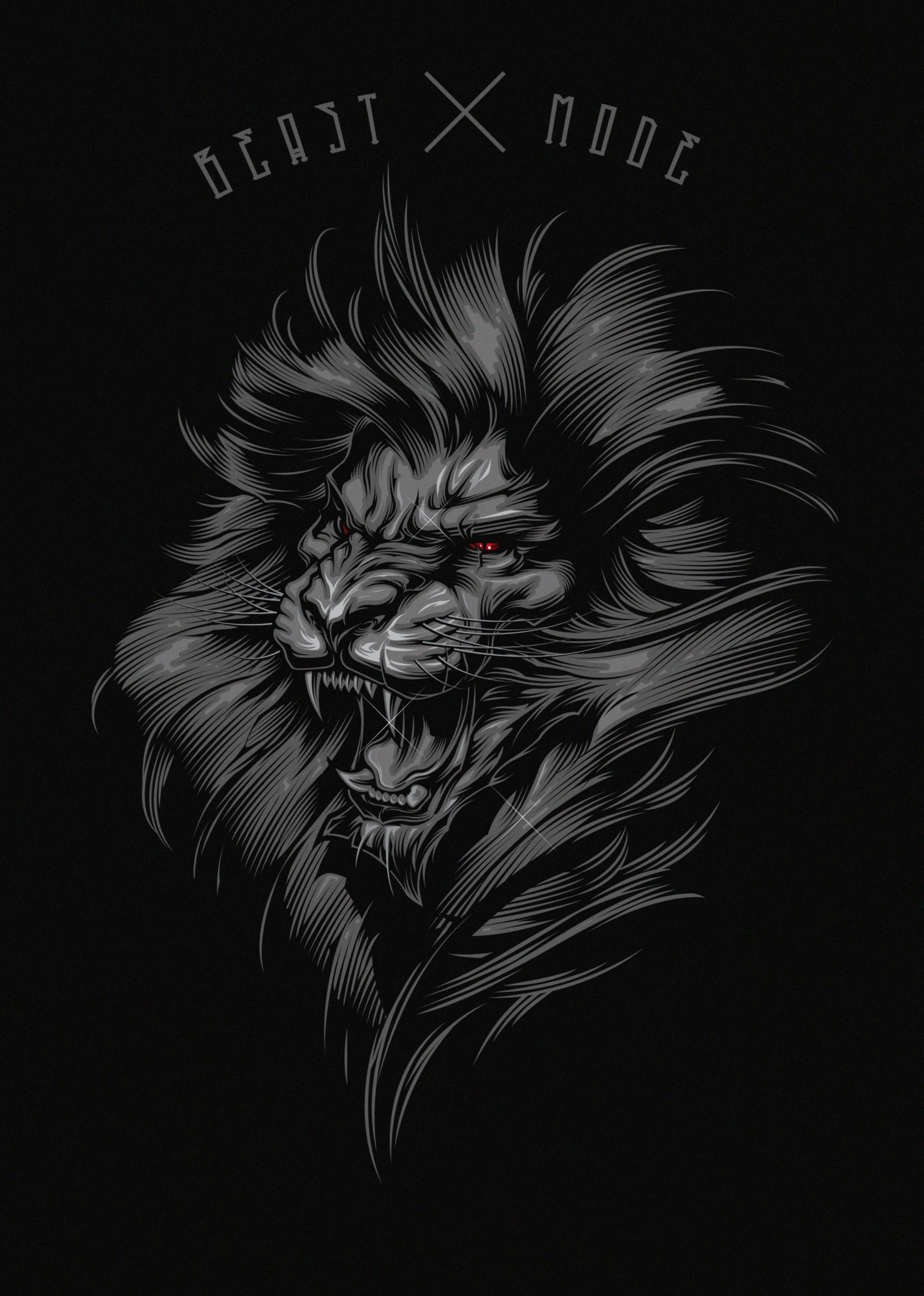 Artistic Lion Head Illustration on Black Canvas Wallpaper