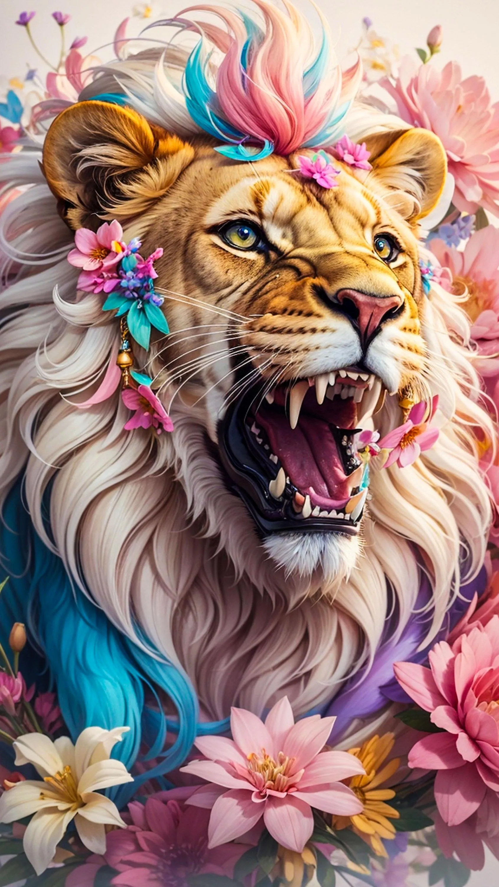 Artistic Lion Portrait with Colorful Flowers and Mane