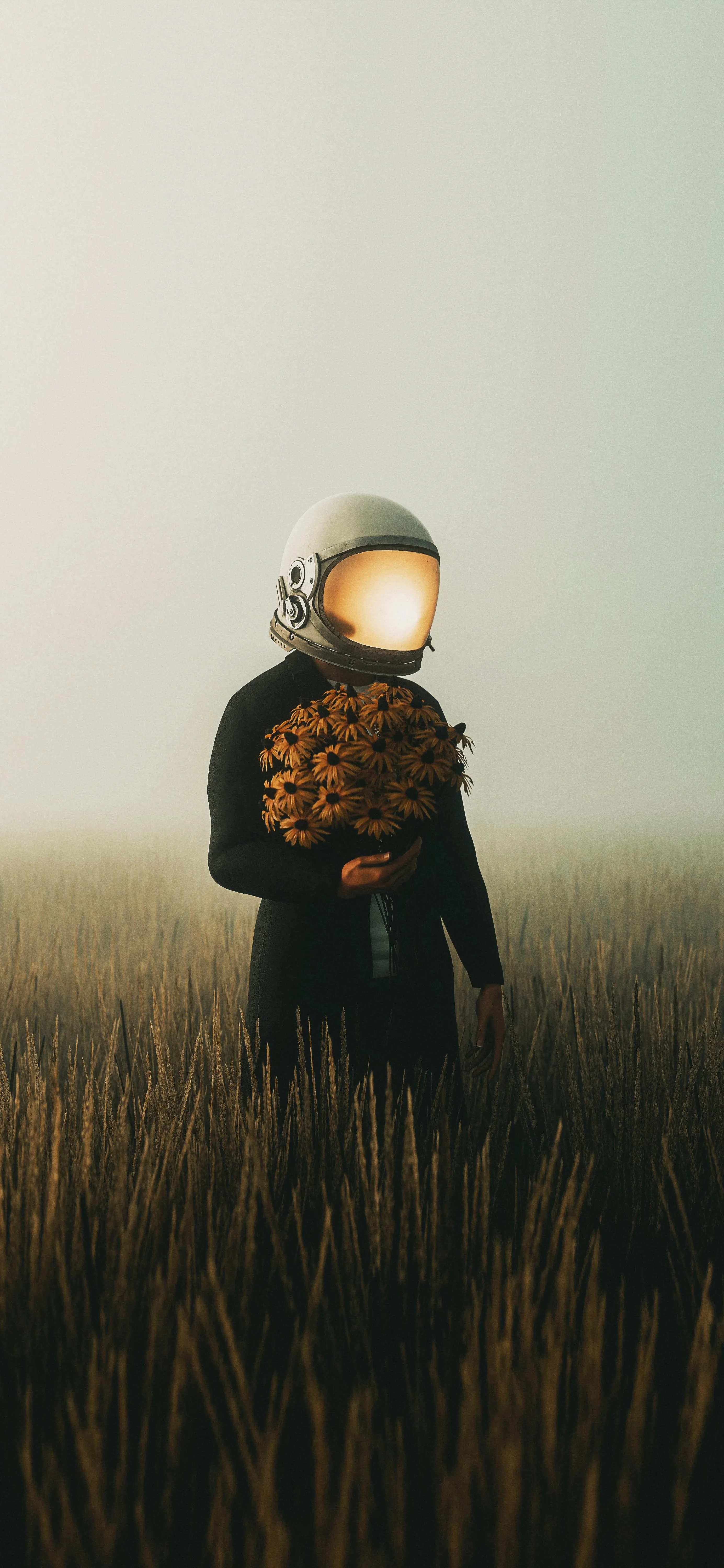 Artistic Photo of Person in Field Wearing Reflective Helmet