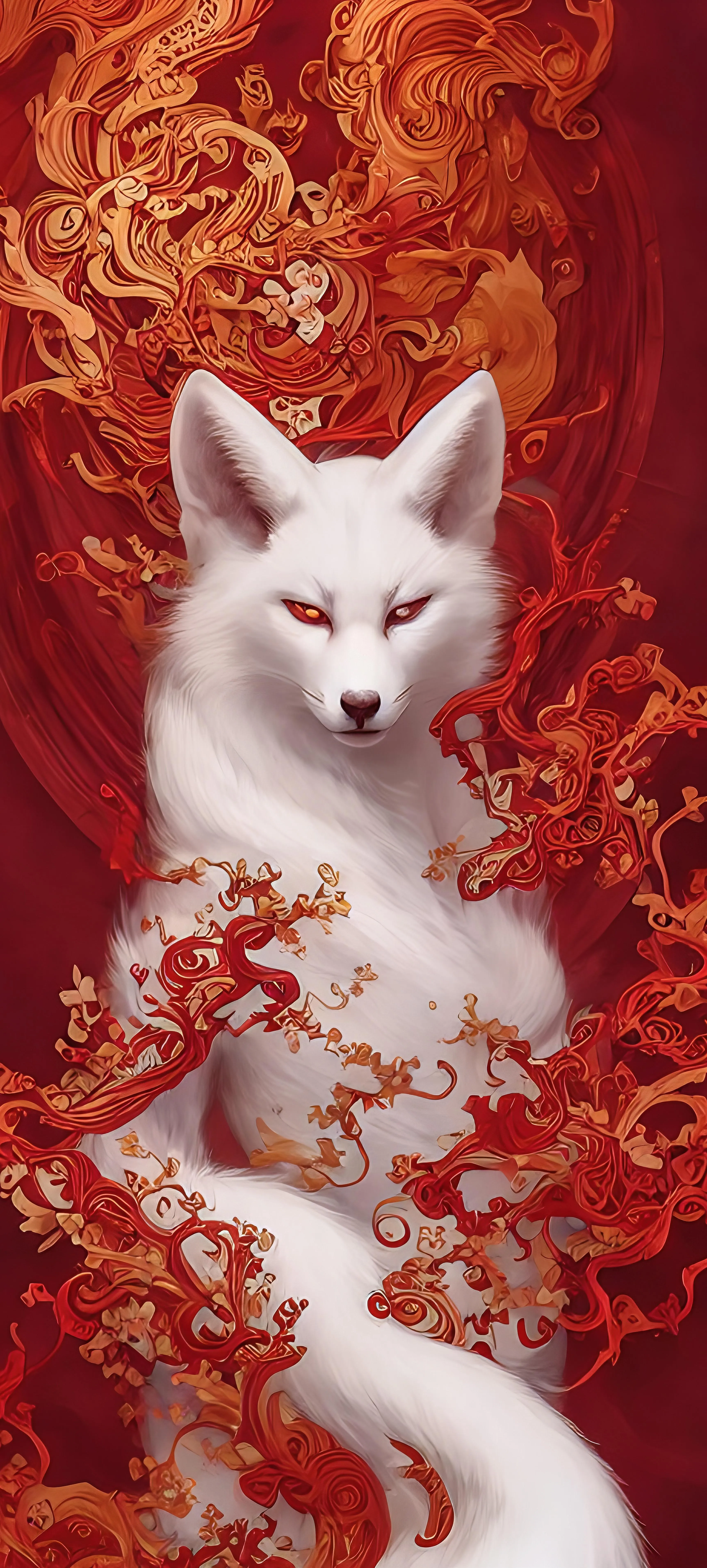 Artistic Red and White Wolf Surrounded by Abstract Flames