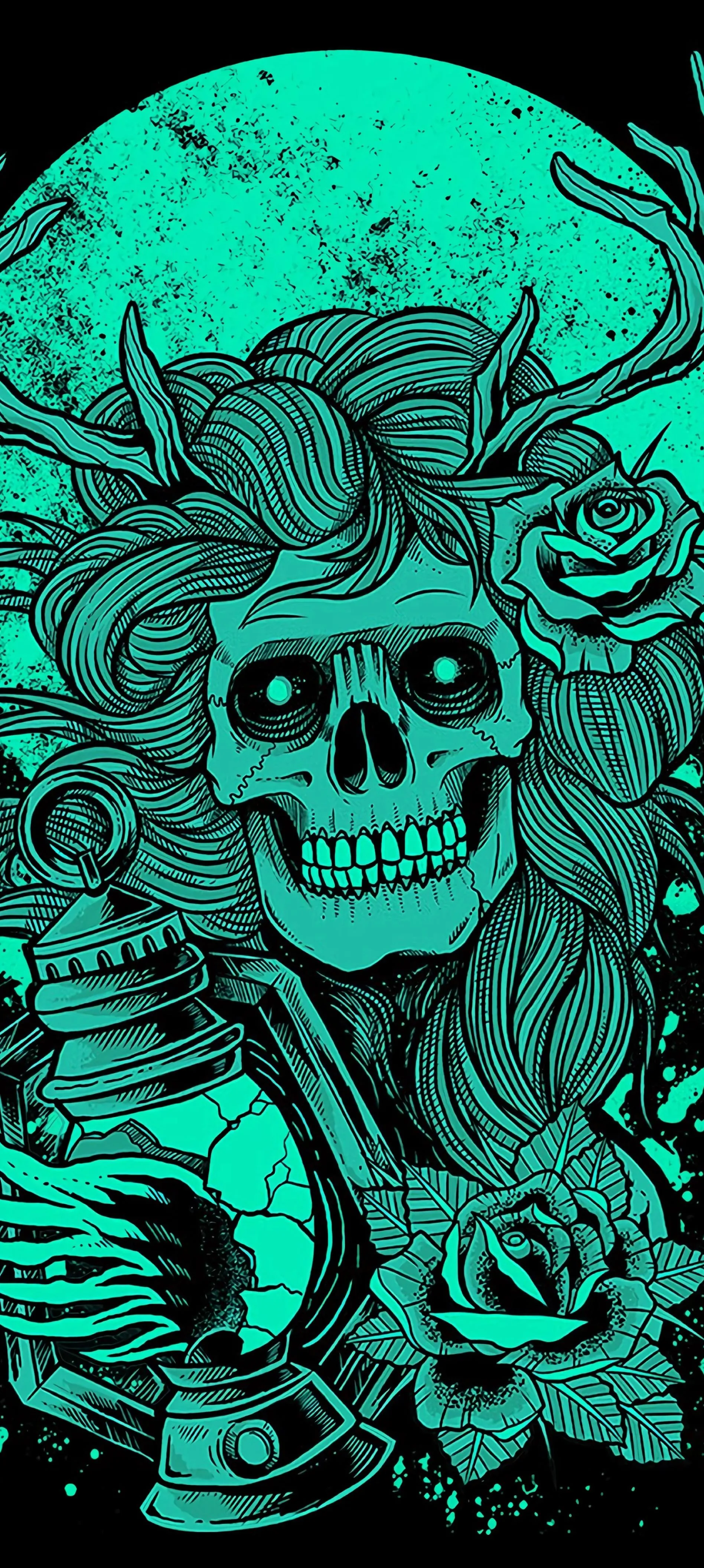 Artistic Skull Among Leaves with Bright Cyan Hues Image